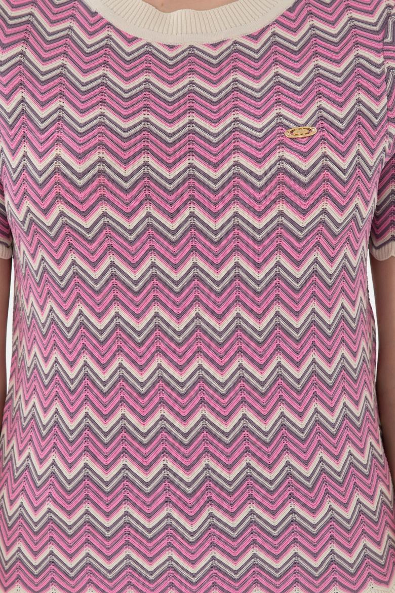 Kadın Fuşya Bisiklet Yaka Triko Tişört - 50306835020