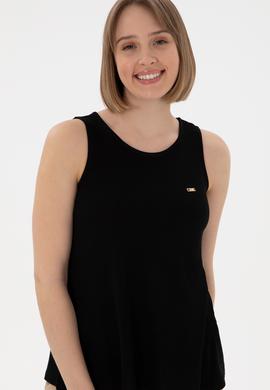 Kadın Siyah Kolsuz Bisiklet Yaka Tişört - 50305819043