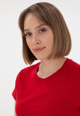 Kadın Kırmızı Bisiklet Yaka Basic Tişört - 50305879005