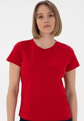 Kadın Kırmızı Bisiklet Yaka Basic Tişört - 50305879005