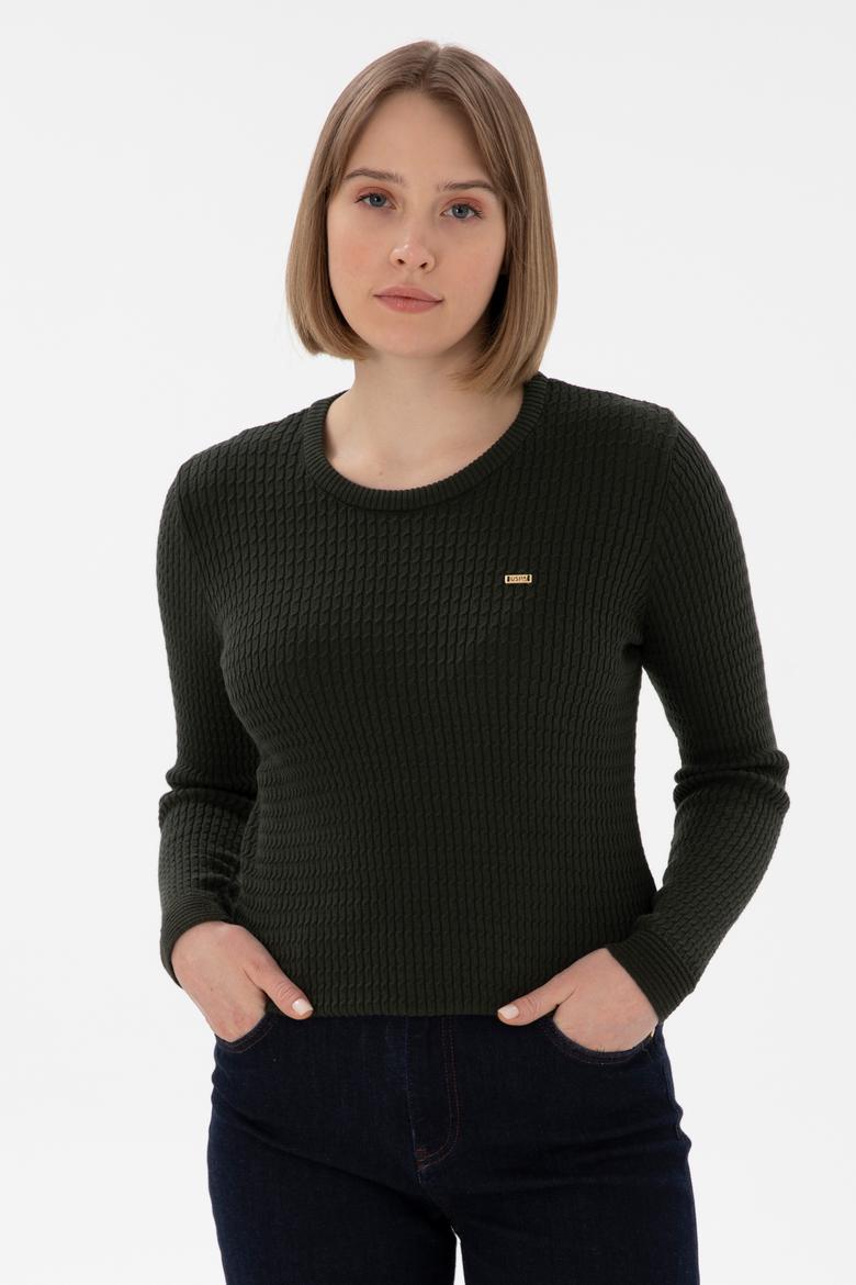 Kadın Yeşil Bisiklet Yaka Basic Kazak