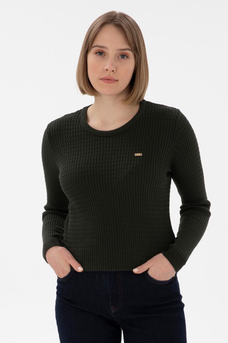 Kadın Yeşil Bisiklet Yaka Basic Kazak