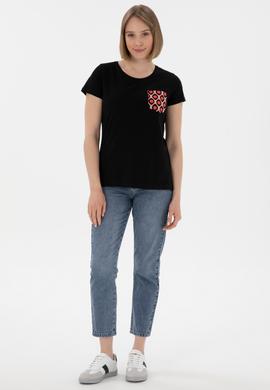 Kadın Siyah Bisiklet Yaka Tişört - 50305832024