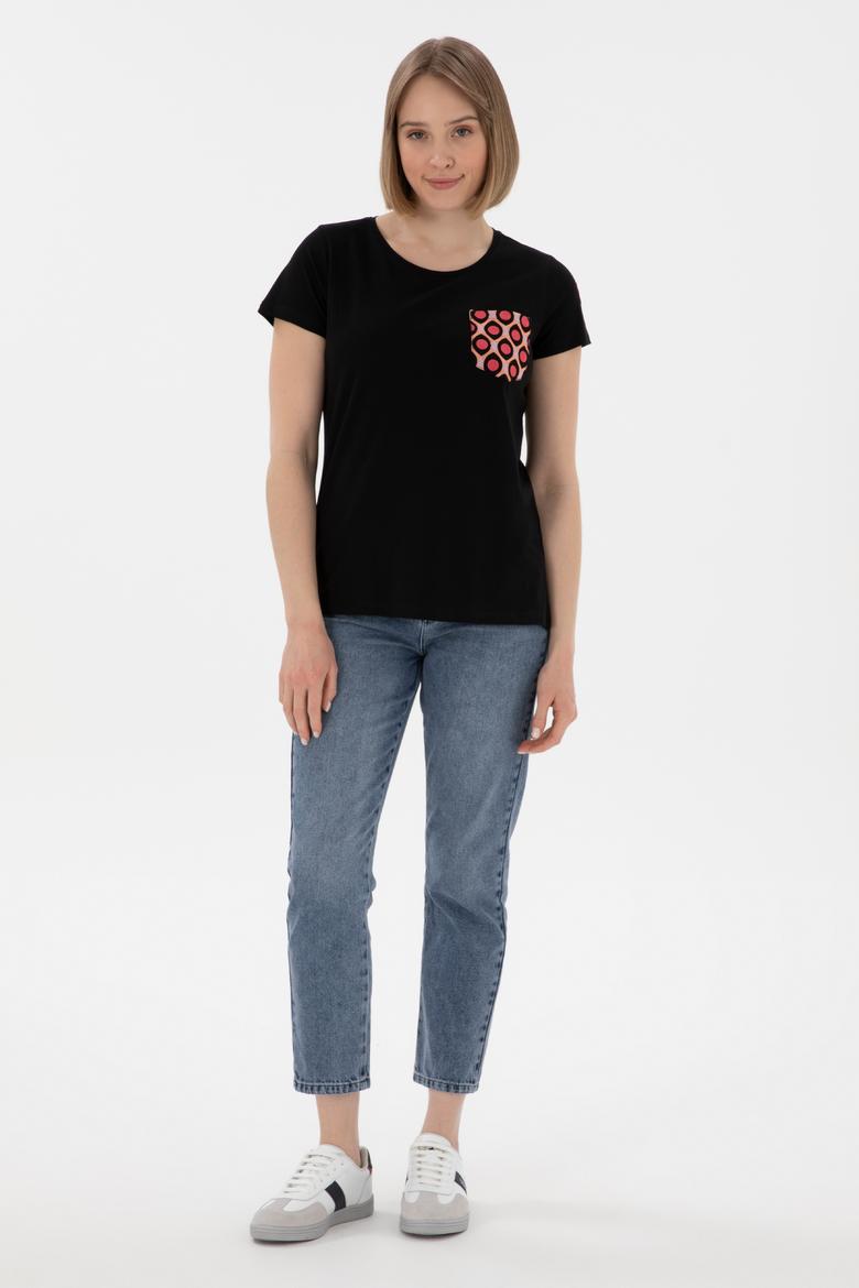 Kadın Siyah Bisiklet Yaka Tişört - 50305832024