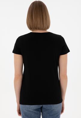 Kadın Siyah Bisiklet Yaka Tişört - 50305832024