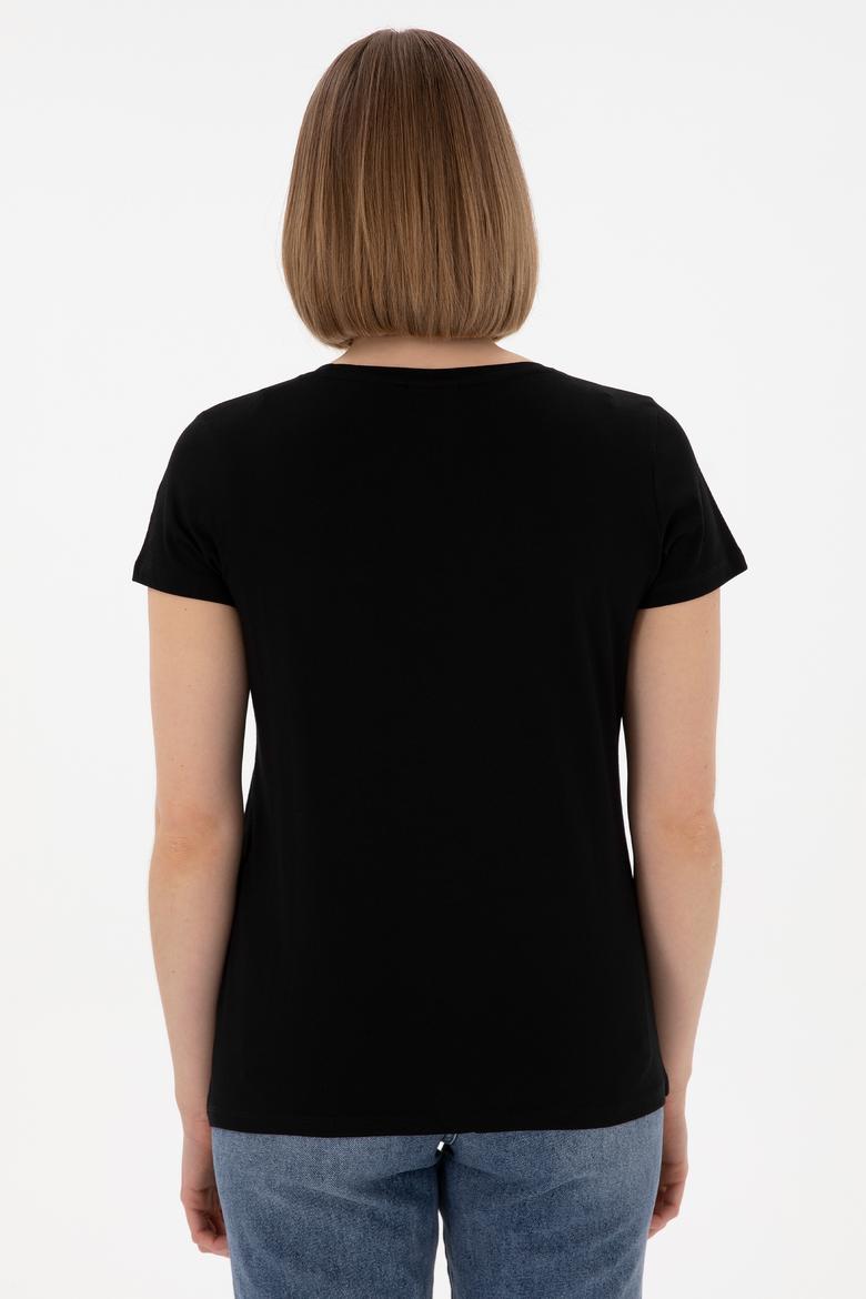 Kadın Siyah Bisiklet Yaka Tişört - 50305832024