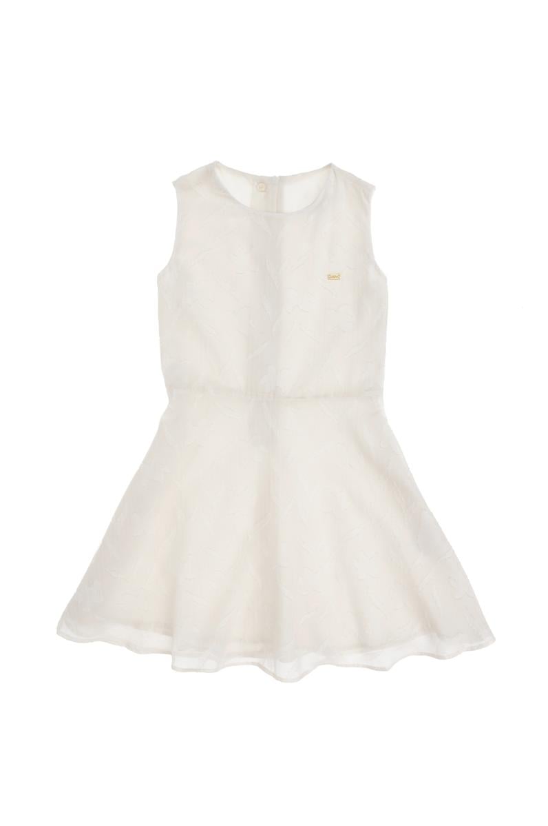 Kız Çocuk Ekru Bisiklet Yaka Kolsuz Şifon Astarlı Dokuma Elbise