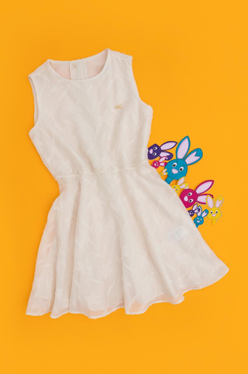Kız Çocuk Ekru Bisiklet Yaka Kolsuz Şifon Astarlı Dokuma Elbise