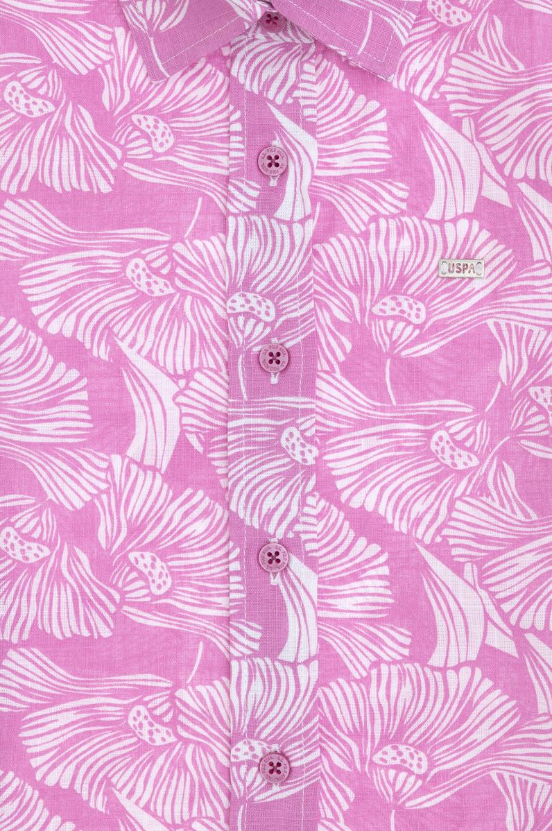 Kız Çocuk Fuşya Çiçek Desenli Keten Görünümlü Kısa Kollu Gömlek