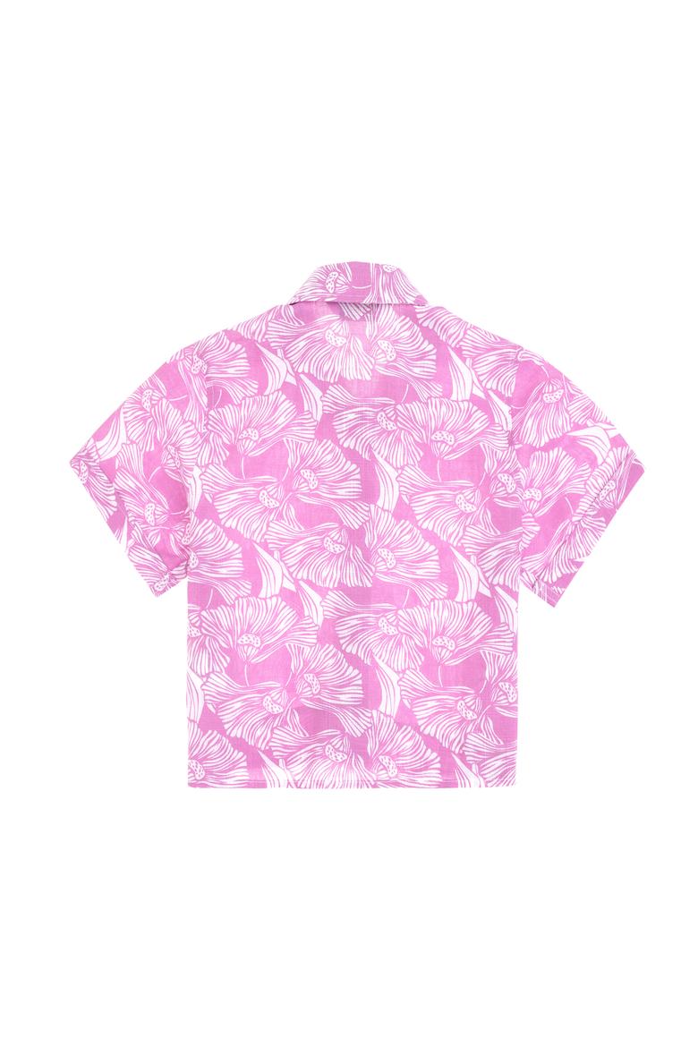 Kız Çocuk Fuşya Çiçek Desenli Keten Görünümlü Kısa Kollu Gömlek - 50307934021