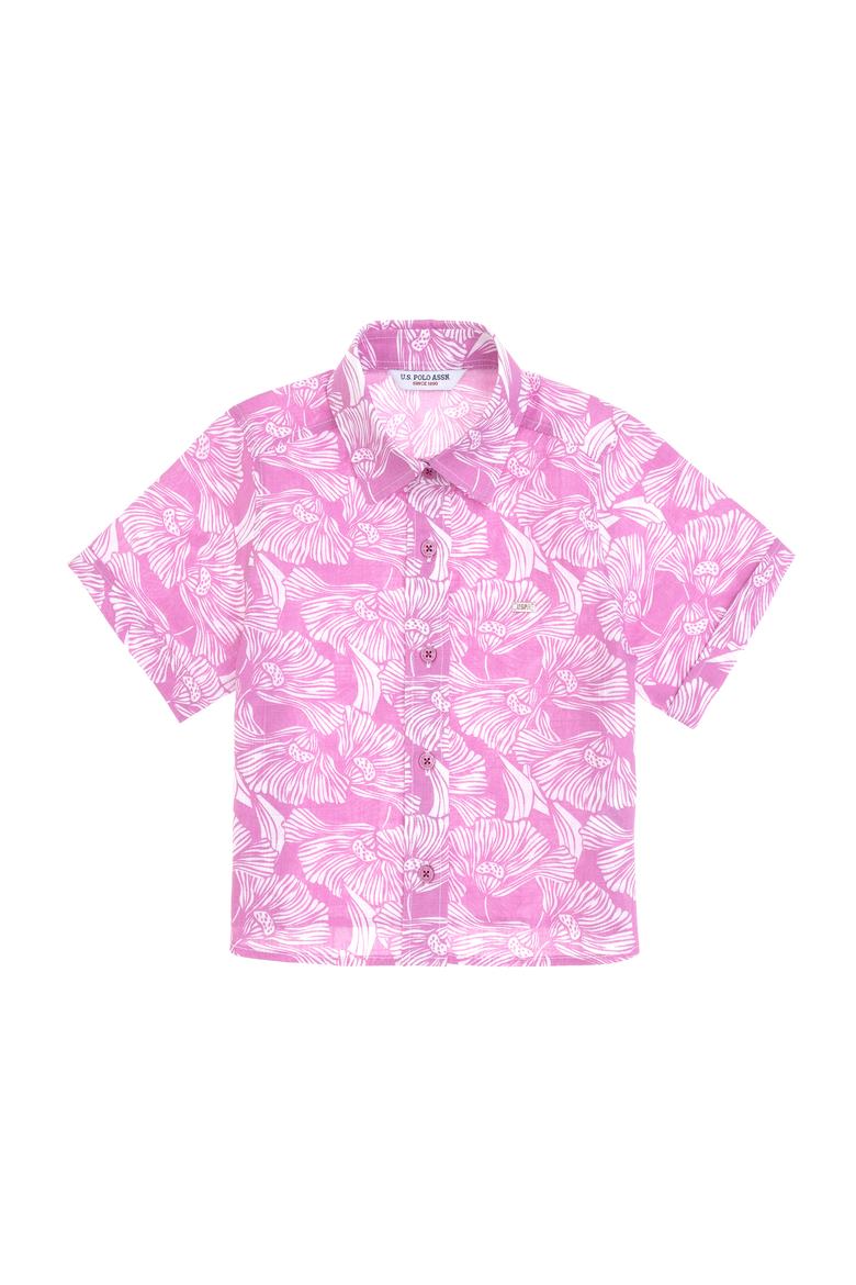 Kız Çocuk Fuşya Çiçek Desenli Keten Görünümlü Kısa Kollu Gömlek - 50307934021