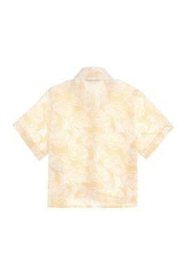 Kız Çocuk Açık Sarı Çiçek Desenli Keten Görünümlü Kısa Kollu Gömlek - 50307934007