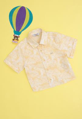 Kız Çocuk Açık Sarı Çiçek Desenli Keten Görünümlü Kısa Kollu Gömlek - 50307934007