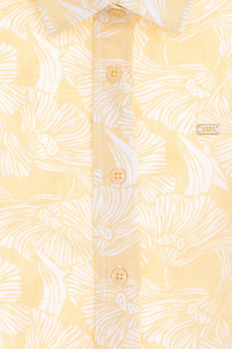 Kız Çocuk Açık Sarı Çiçek Desenli Keten Görünümlü Kısa Kollu Gömlek