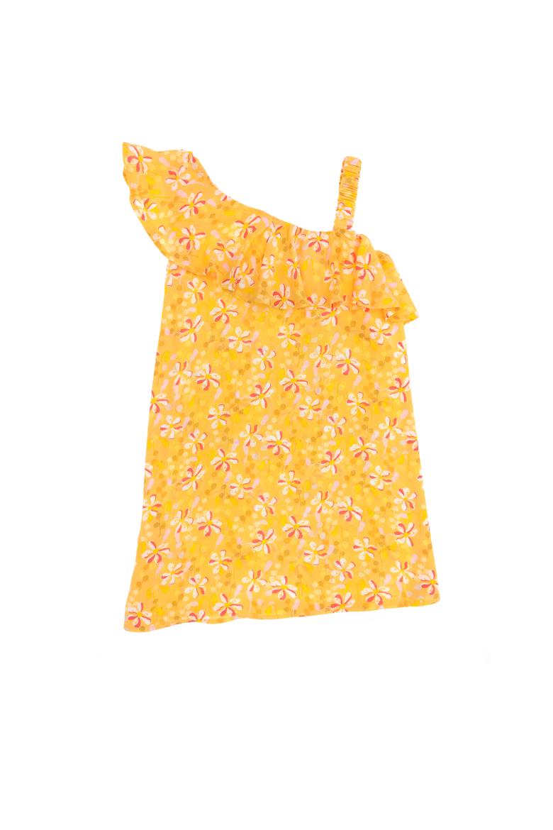Kız Çocuk Sarı Kolsuz Çiçek Desenli Dokuma Elbise - 50299306013