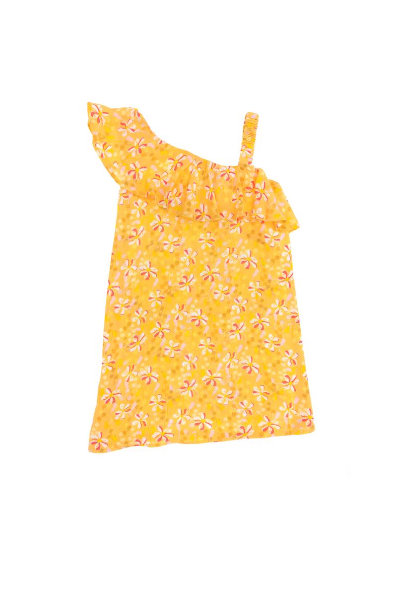 Kız Çocuk Sarı Kolsuz Çiçek Desenli Dokuma Elbise