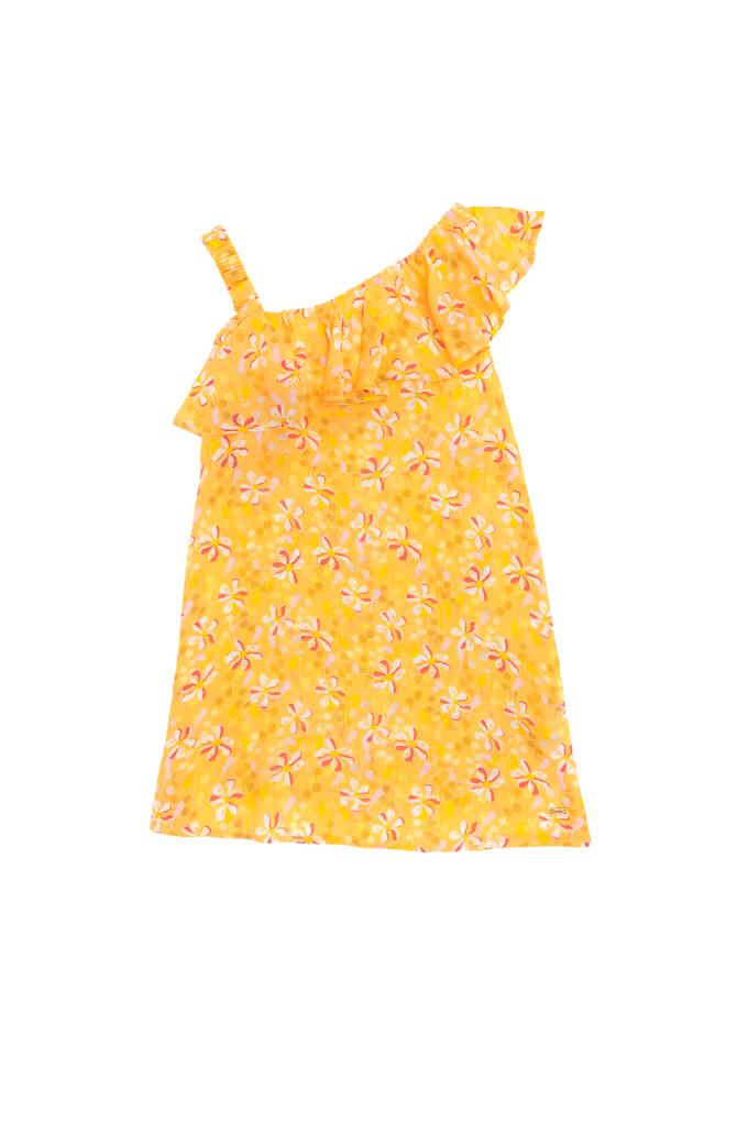 Kız Çocuk Sarı Kolsuz Çiçek Desenli Dokuma Elbise