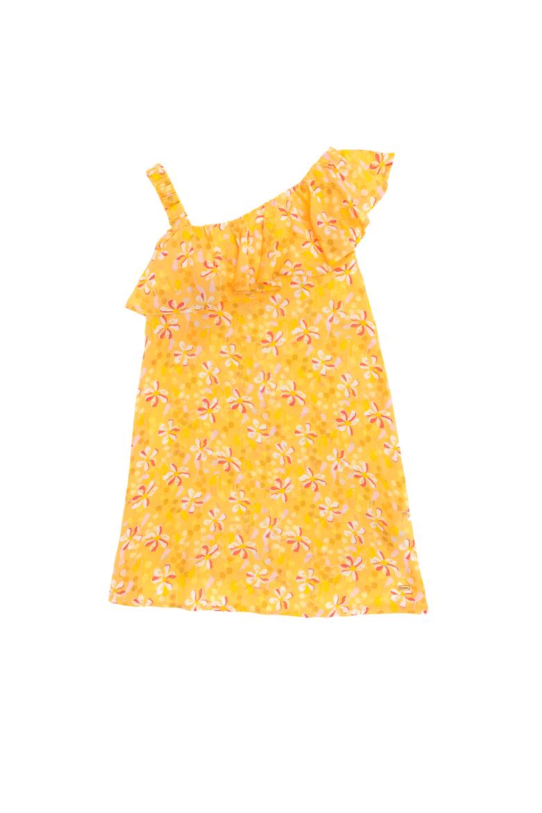 Kız Çocuk Sarı Kolsuz Çiçek Desenli Dokuma Elbise
