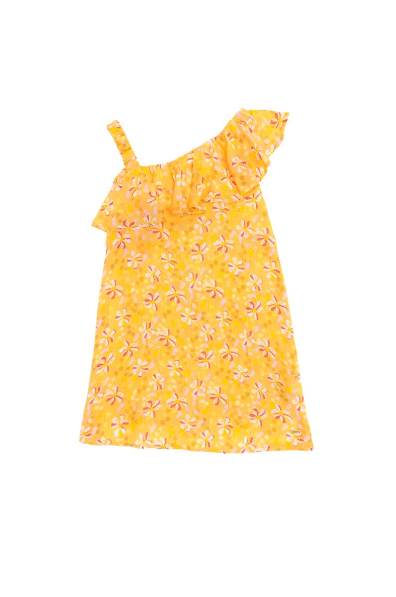 Kız Çocuk Sarı Kolsuz Çiçek Desenli Dokuma Elbise