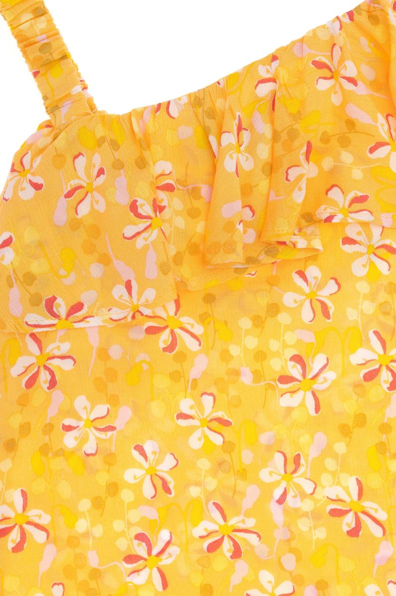 Kız Çocuk Sarı Kolsuz Çiçek Desenli Dokuma Elbise