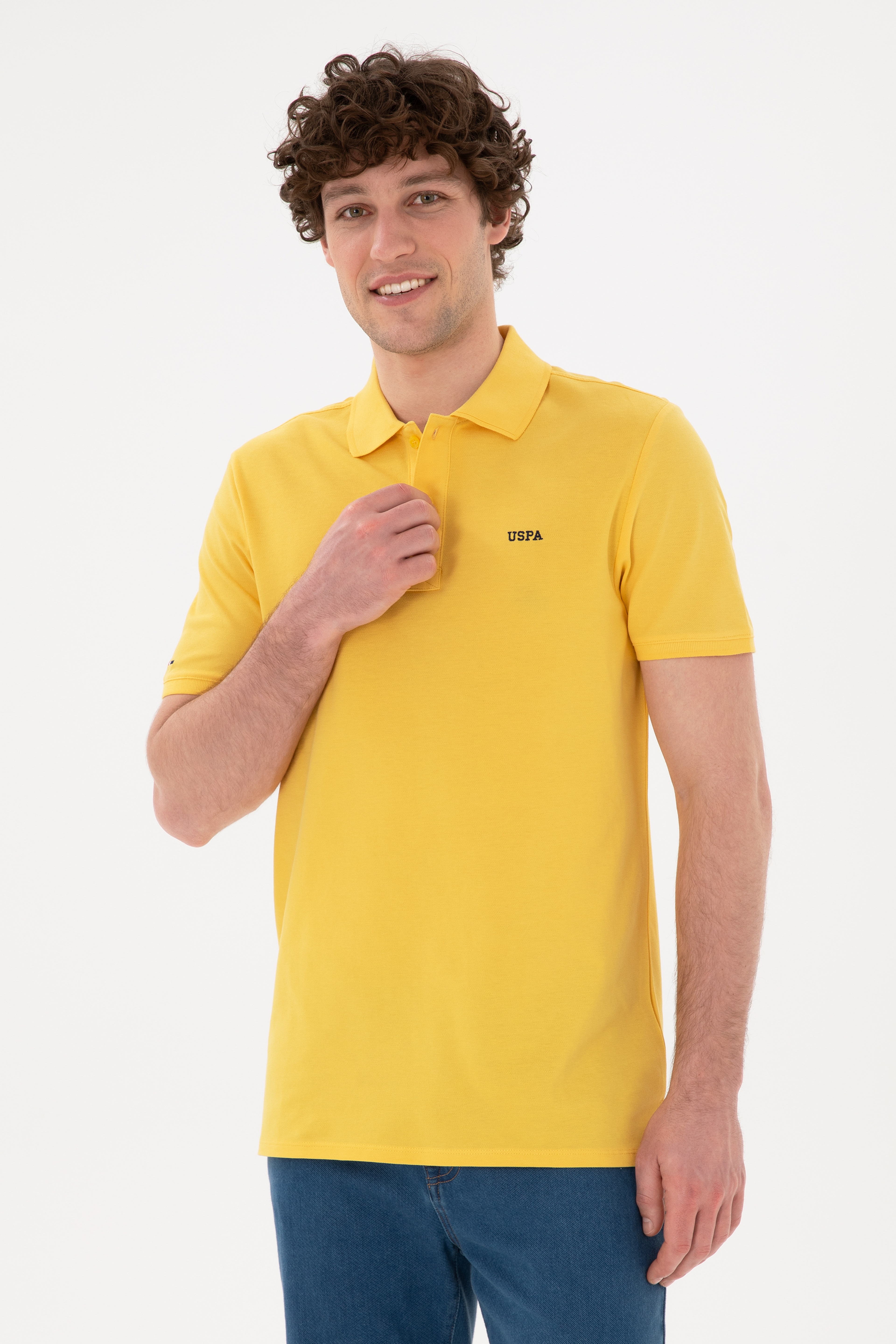 Erkek Regular Fit Polo Yaka Sarı Basic Tişört - Image 2