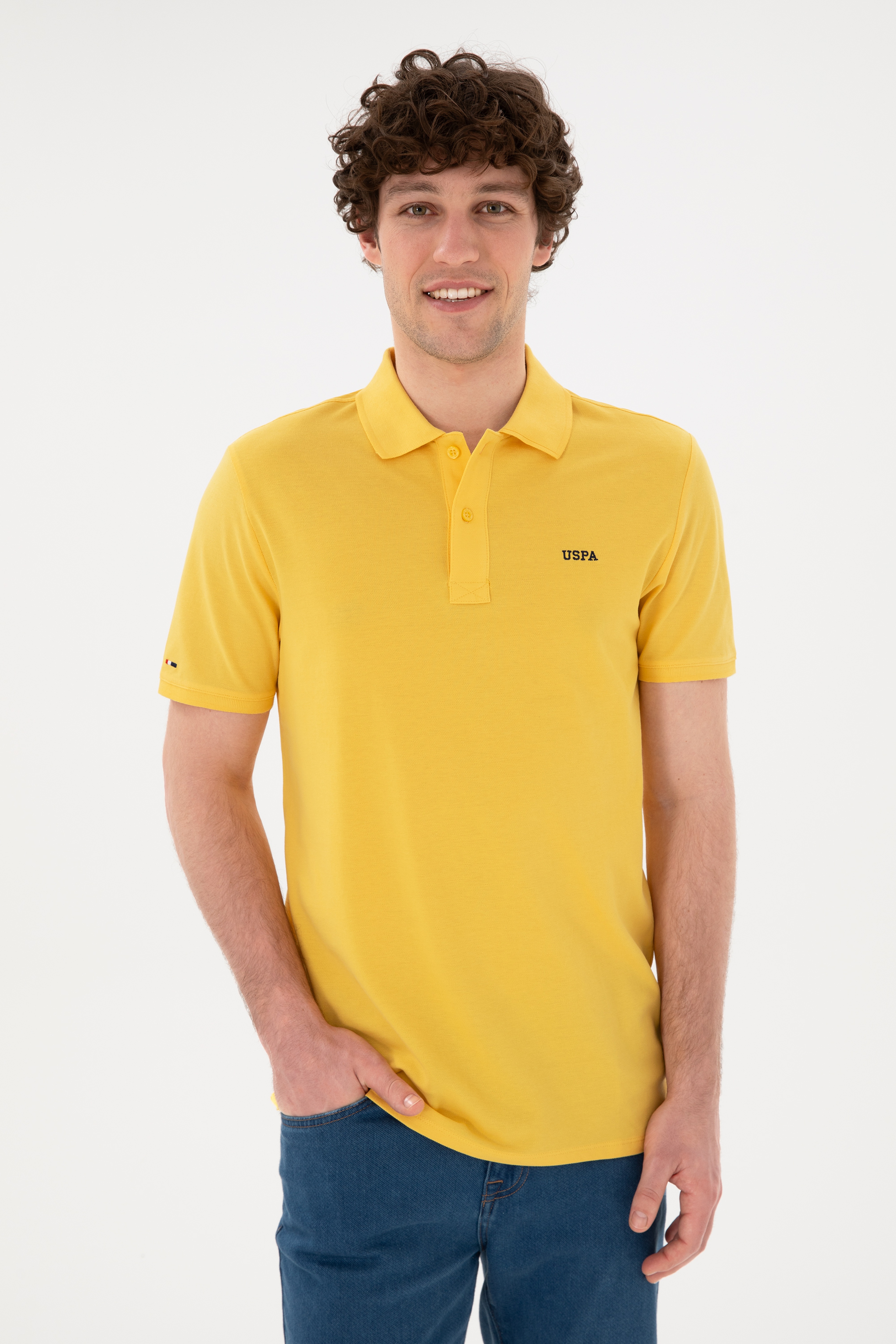 Erkek Regular Fit Polo Yaka Sarı Basic Tişört - Image 1