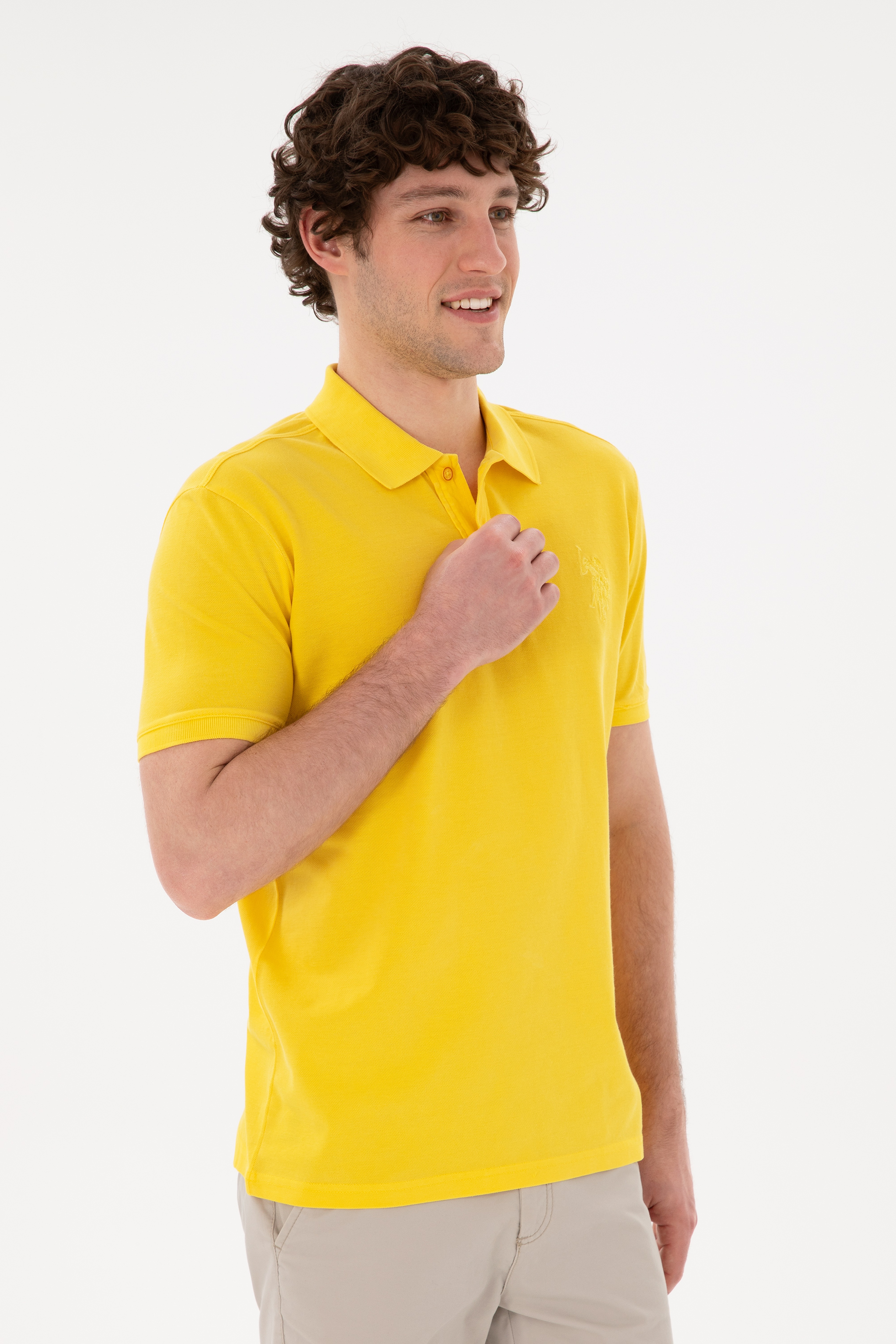 Erkek Slim Fit Polo Yaka Sarı Basic Tişört - Image 2
