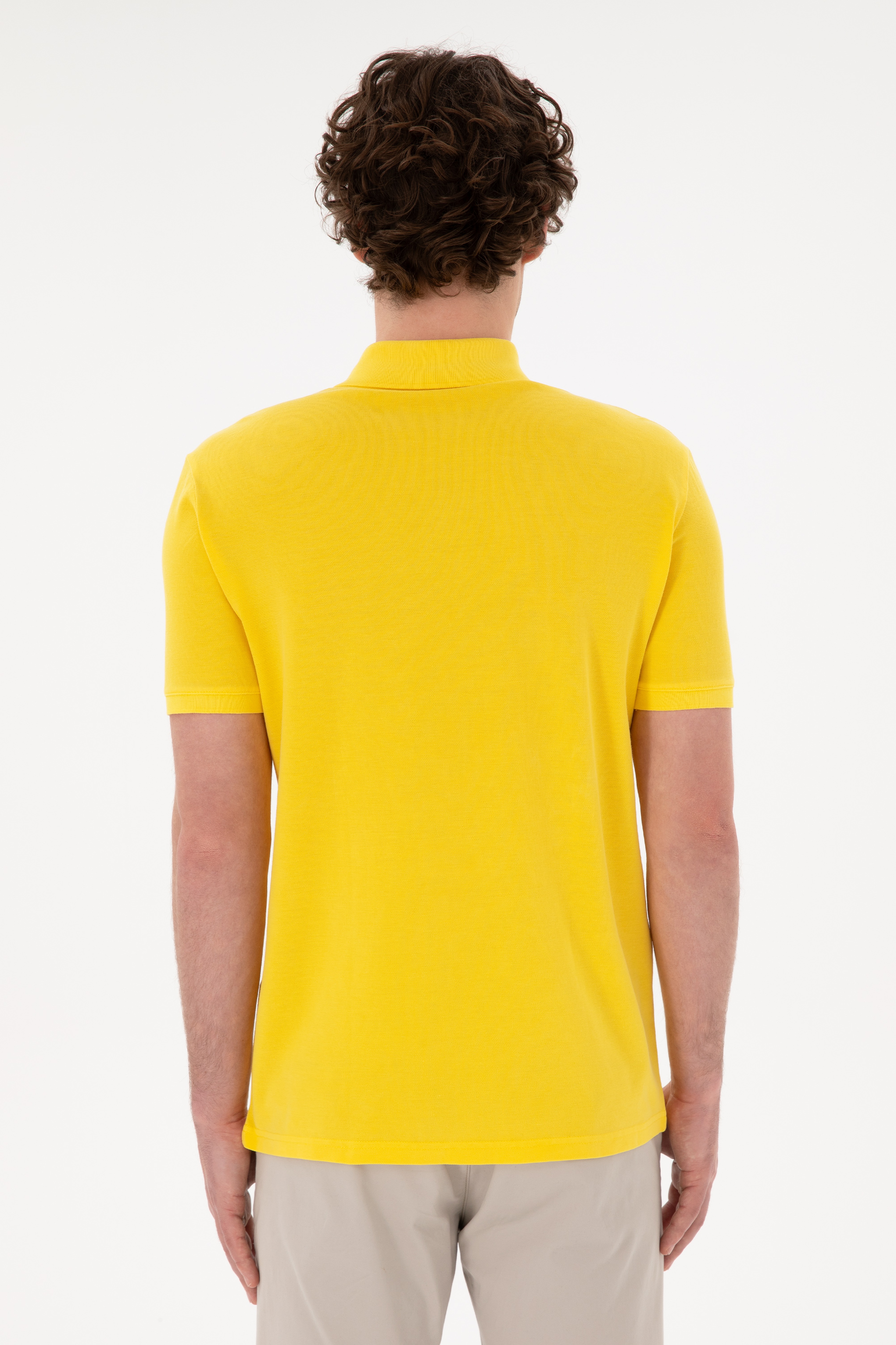 Erkek Slim Fit Polo Yaka Sarı Basic Tişört - Image 5