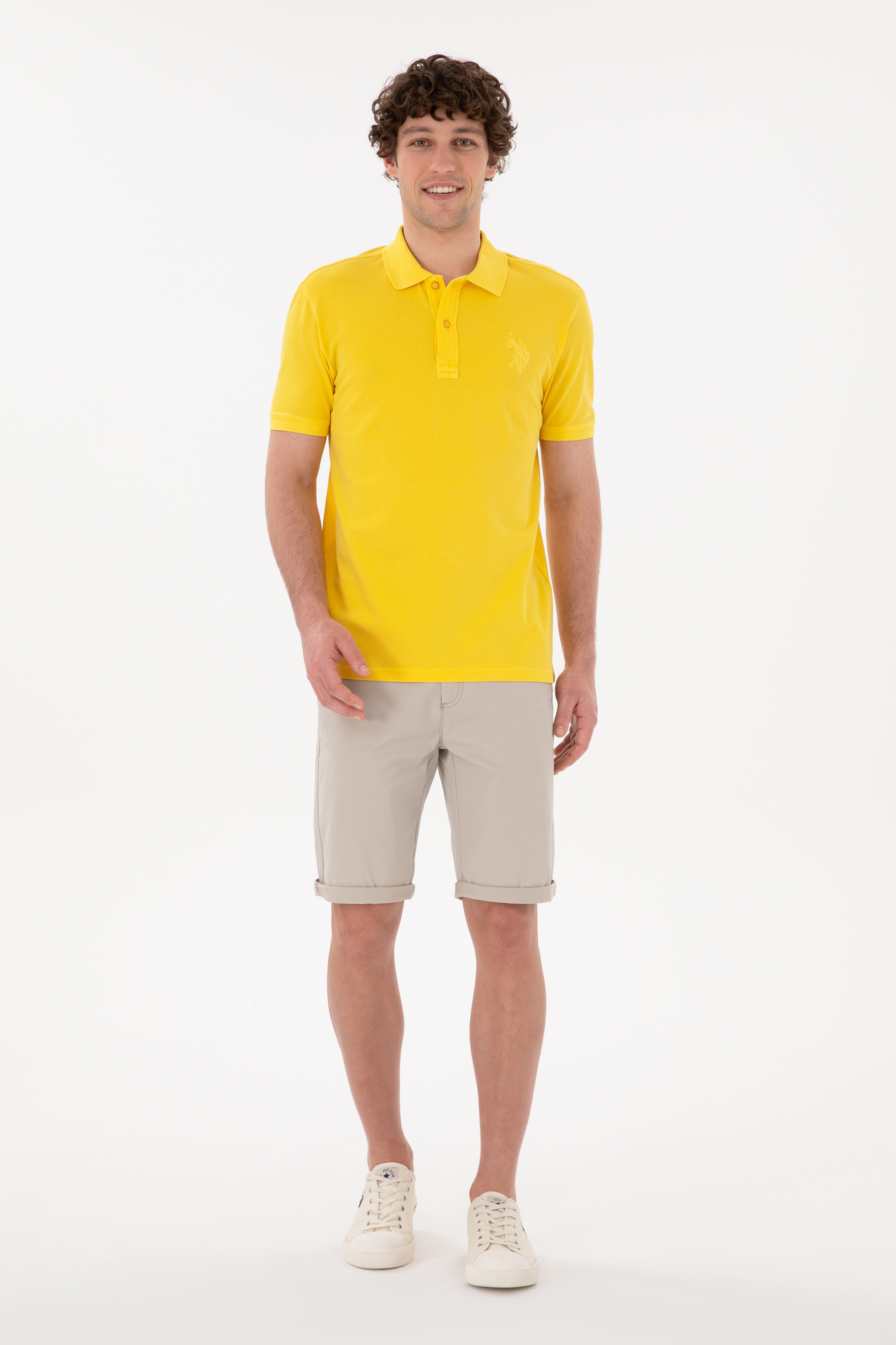 Erkek Slim Fit Polo Yaka Sarı Basic Tişört - Image 4