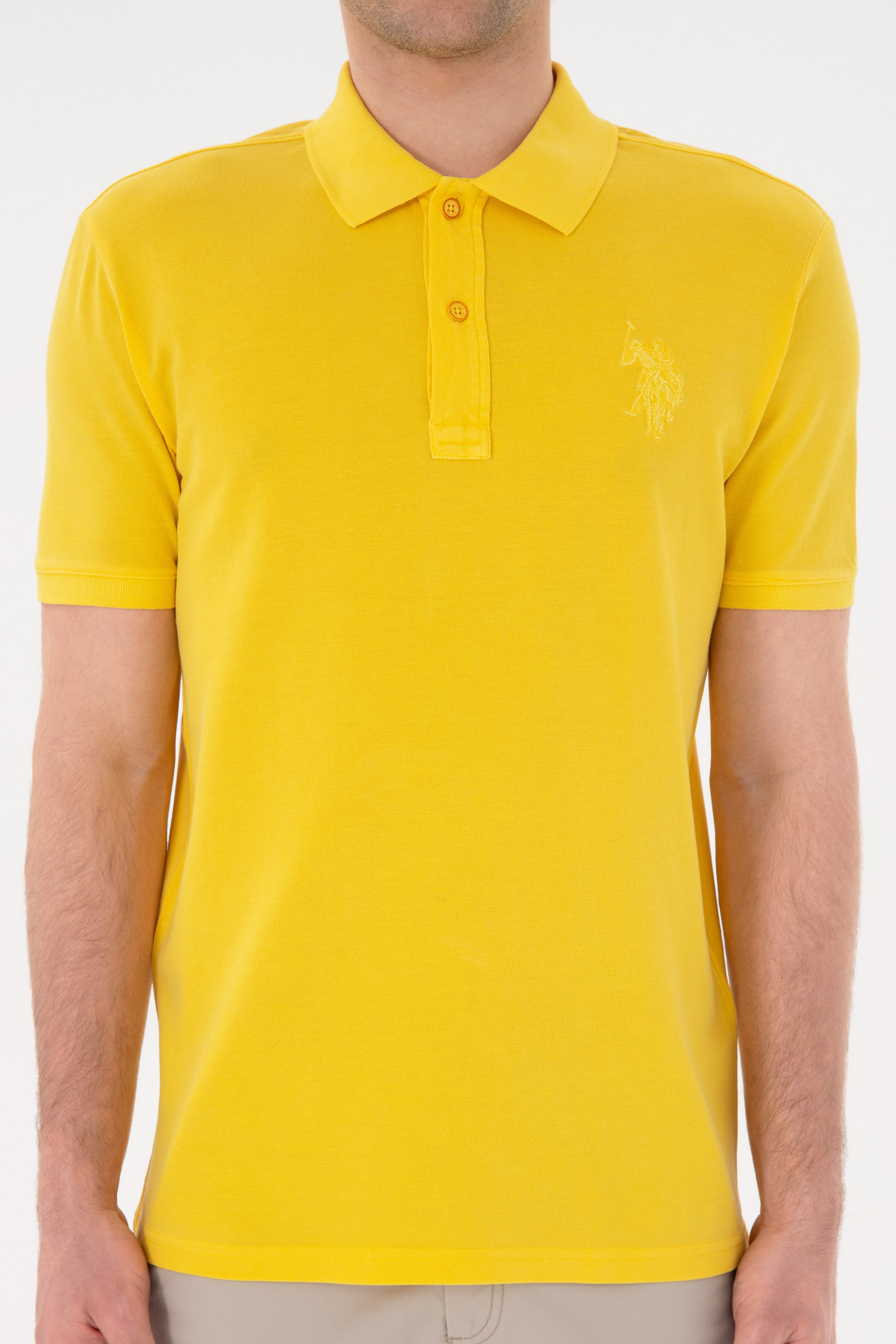 Erkek Slim Fit Polo Yaka Sarı Basic Tişört - Image 6
