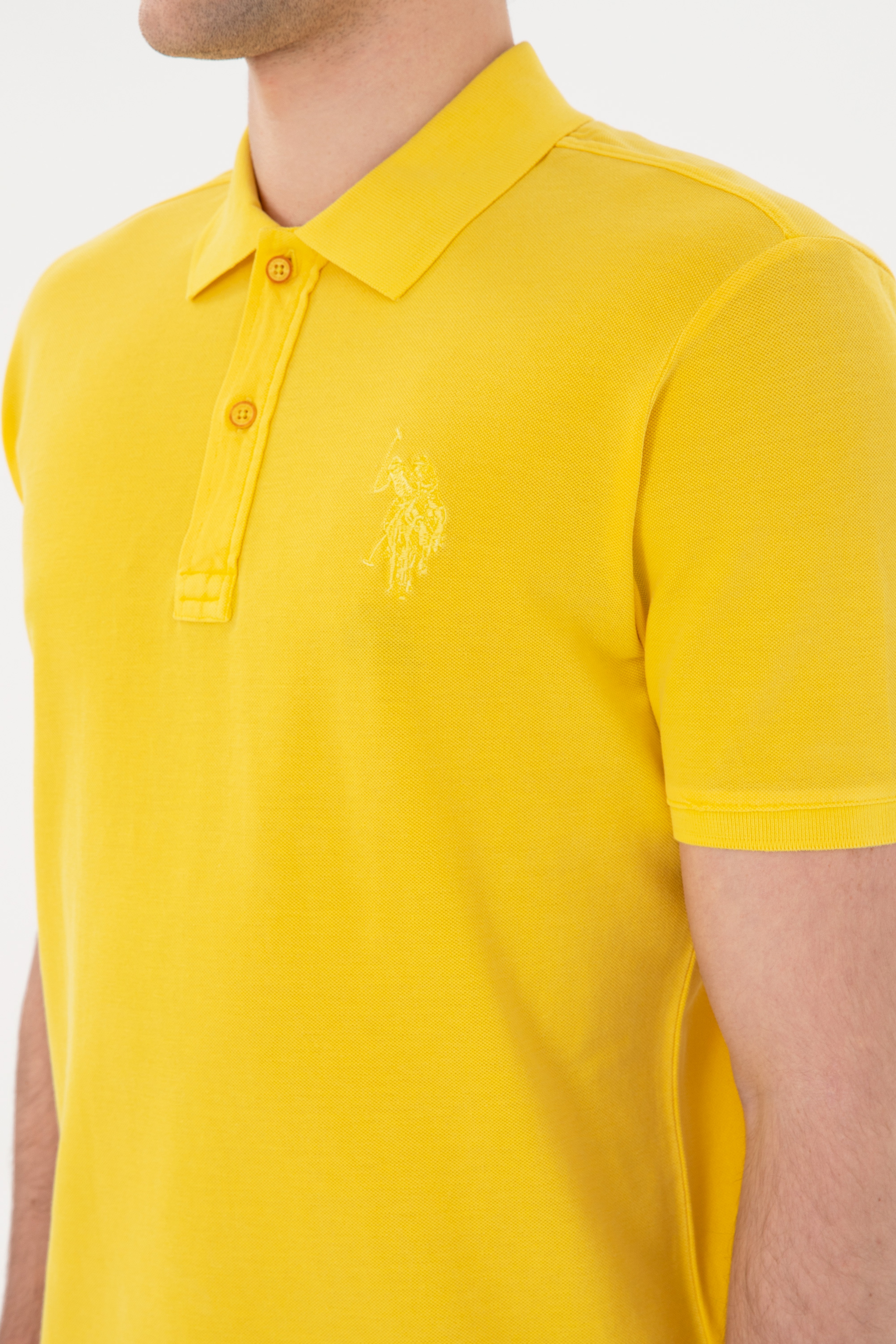 Erkek Slim Fit Polo Yaka Sarı Basic Tişört