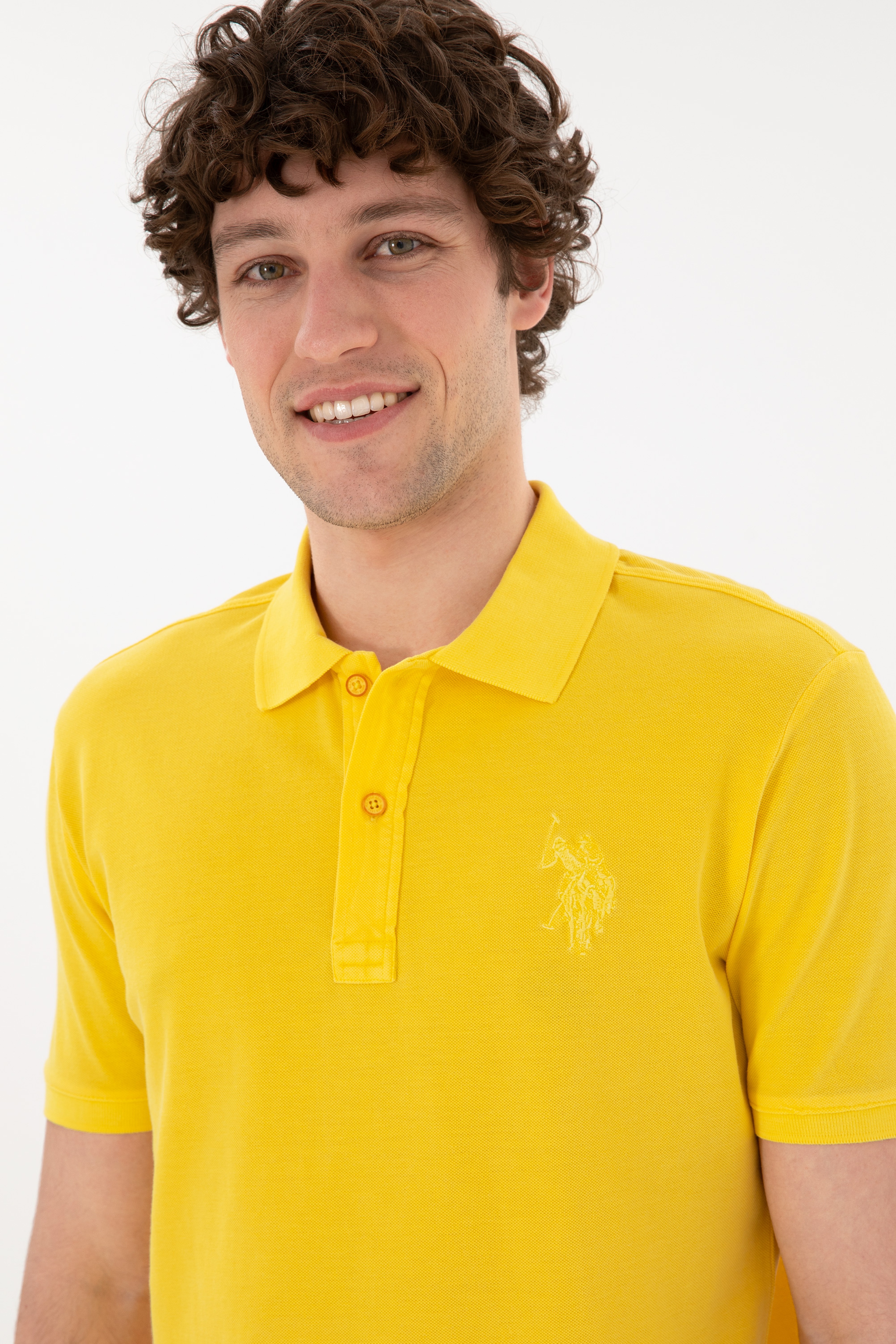 Erkek Slim Fit Polo Yaka Sarı Basic Tişört - Image 3