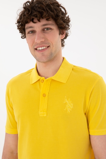 Erkek Slim Fit Polo Yaka Sarı Basic Tişört