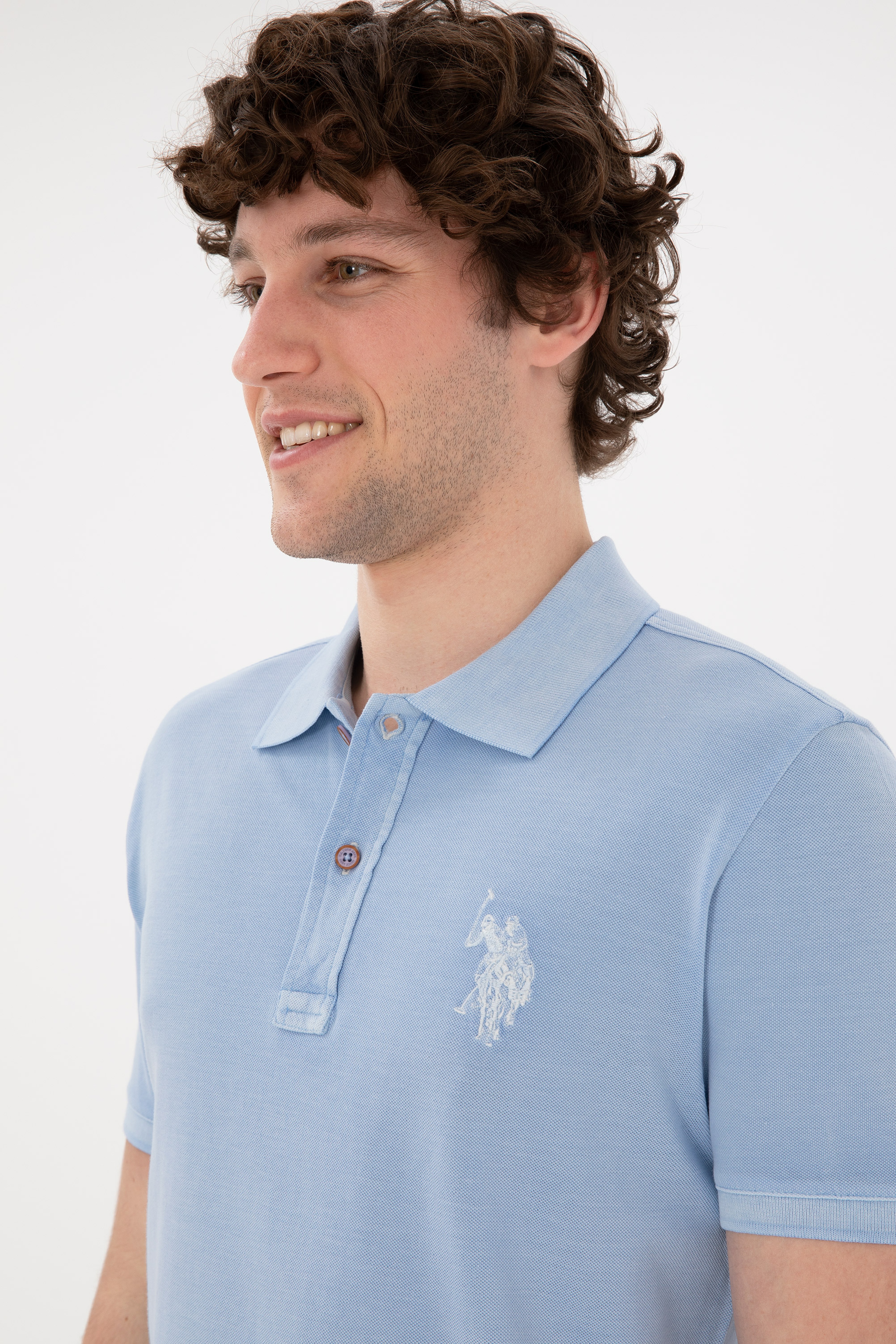 Erkek Slim Fit Polo Yaka Açık Mavi Basic Tişört - Image 3