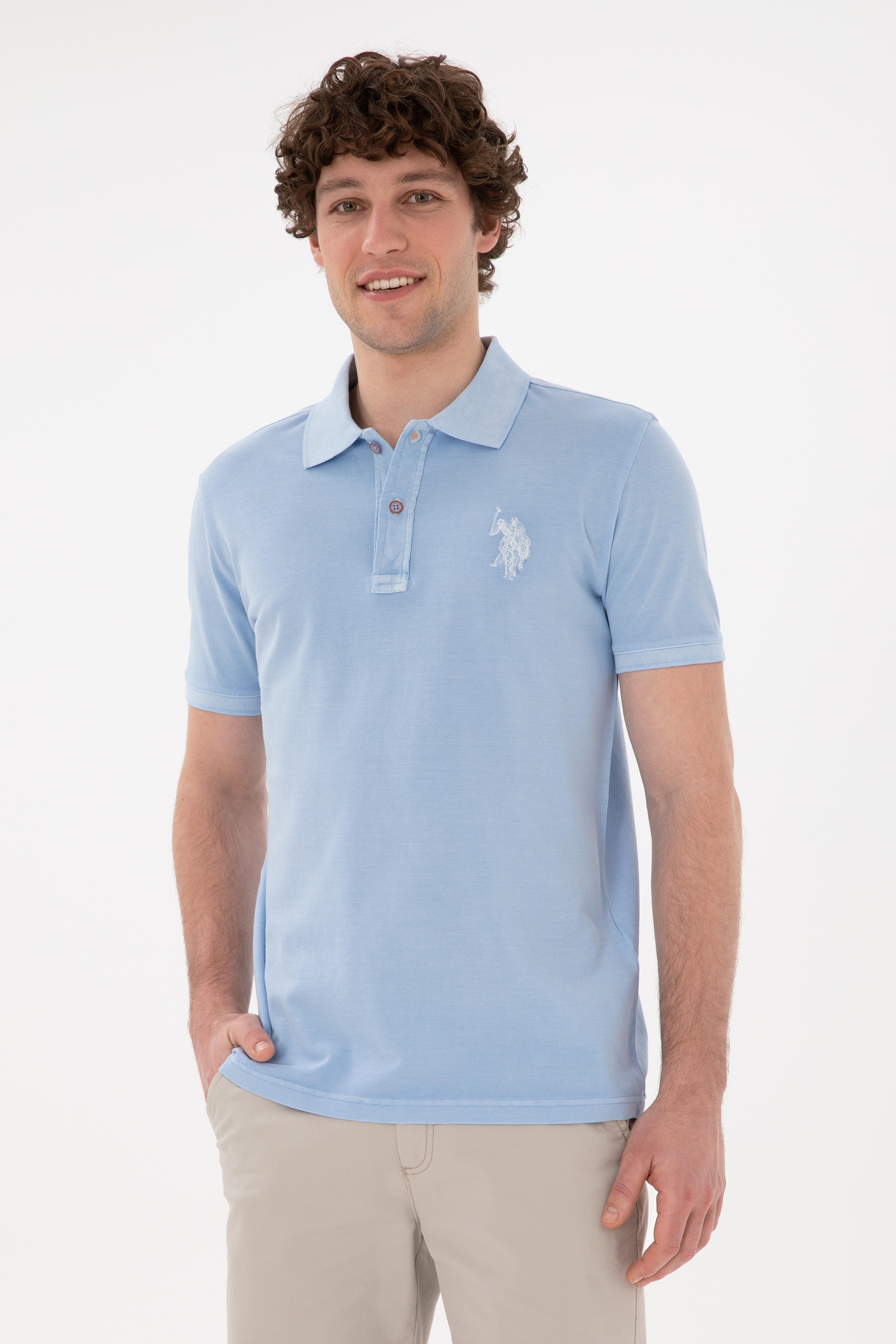 Erkek Slim Fit Polo Yaka Açık Mavi Basic Tişört - Image 1