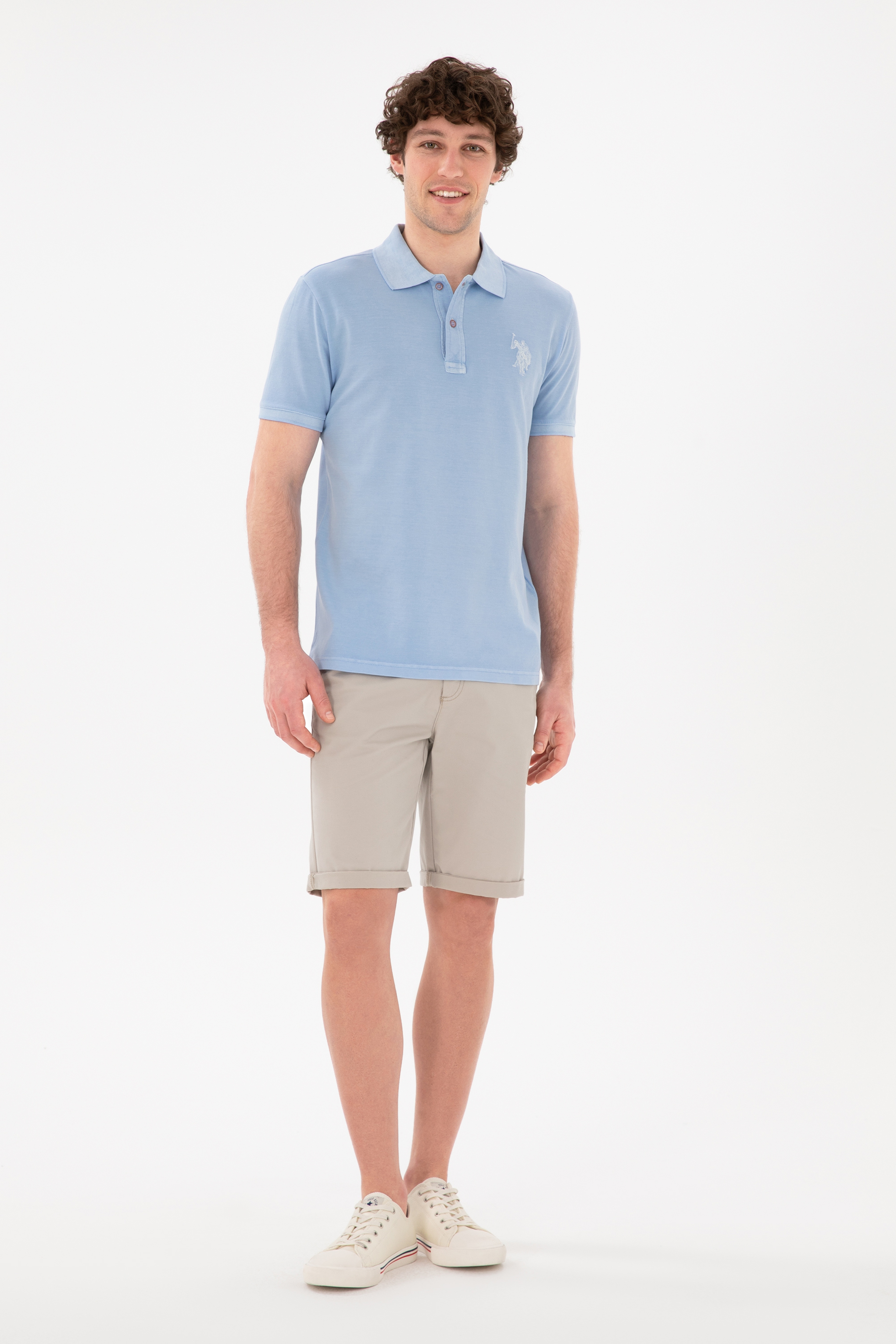 Erkek Slim Fit Polo Yaka Açık Mavi Basic Tişört - Image 4
