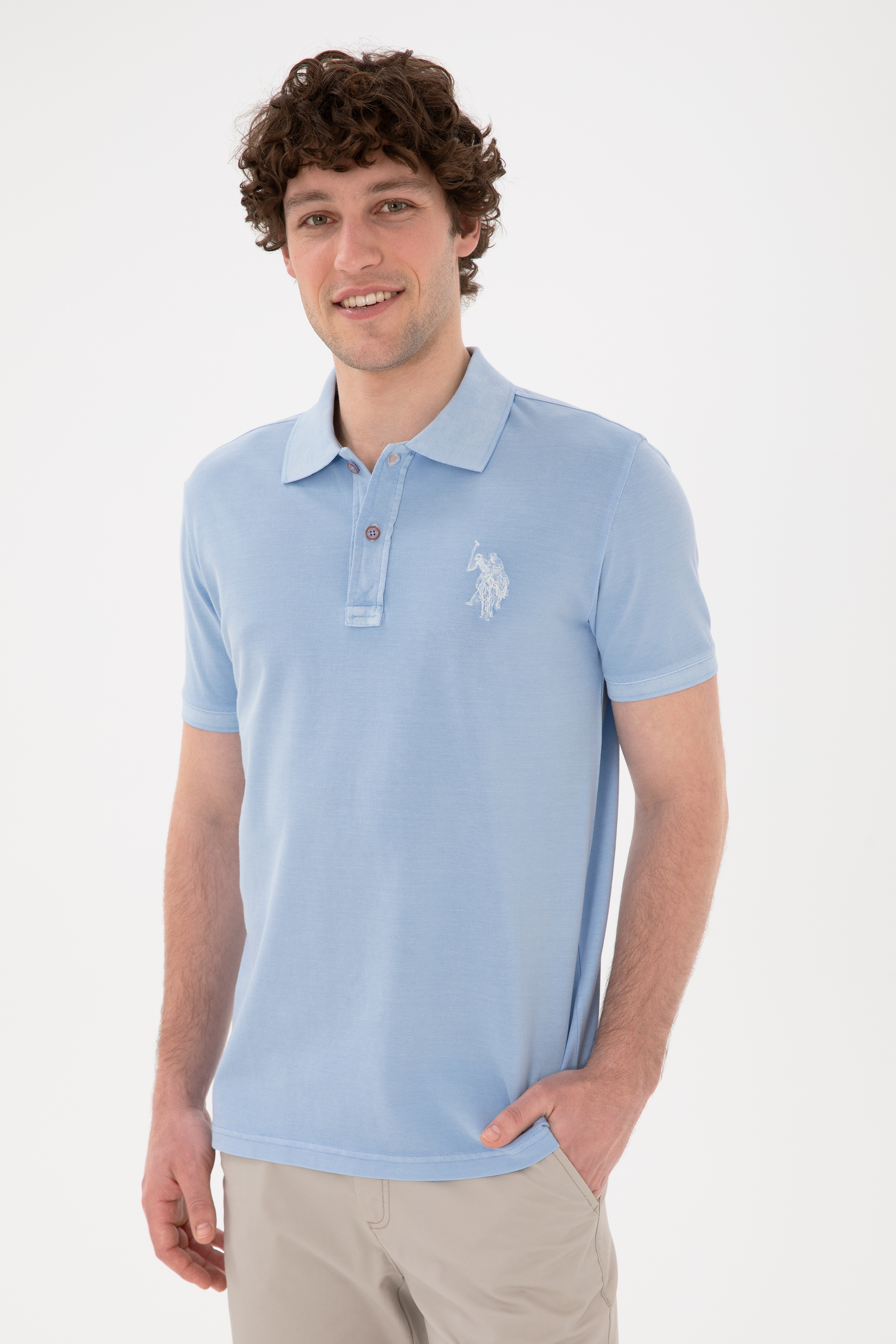 Erkek Slim Fit Polo Yaka Açık Mavi Basic Tişört - Image 2