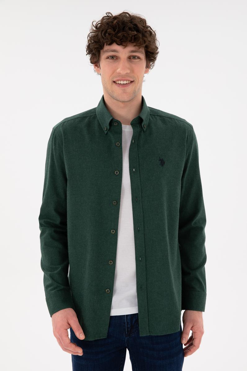Erkek Koyu Yeşil Uzun Kollu Basic Gömlek