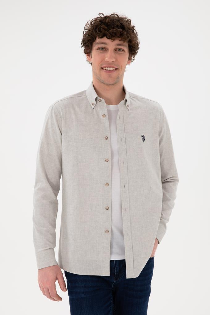 Erkek Bej Uzun Kollu Basic Gömlek