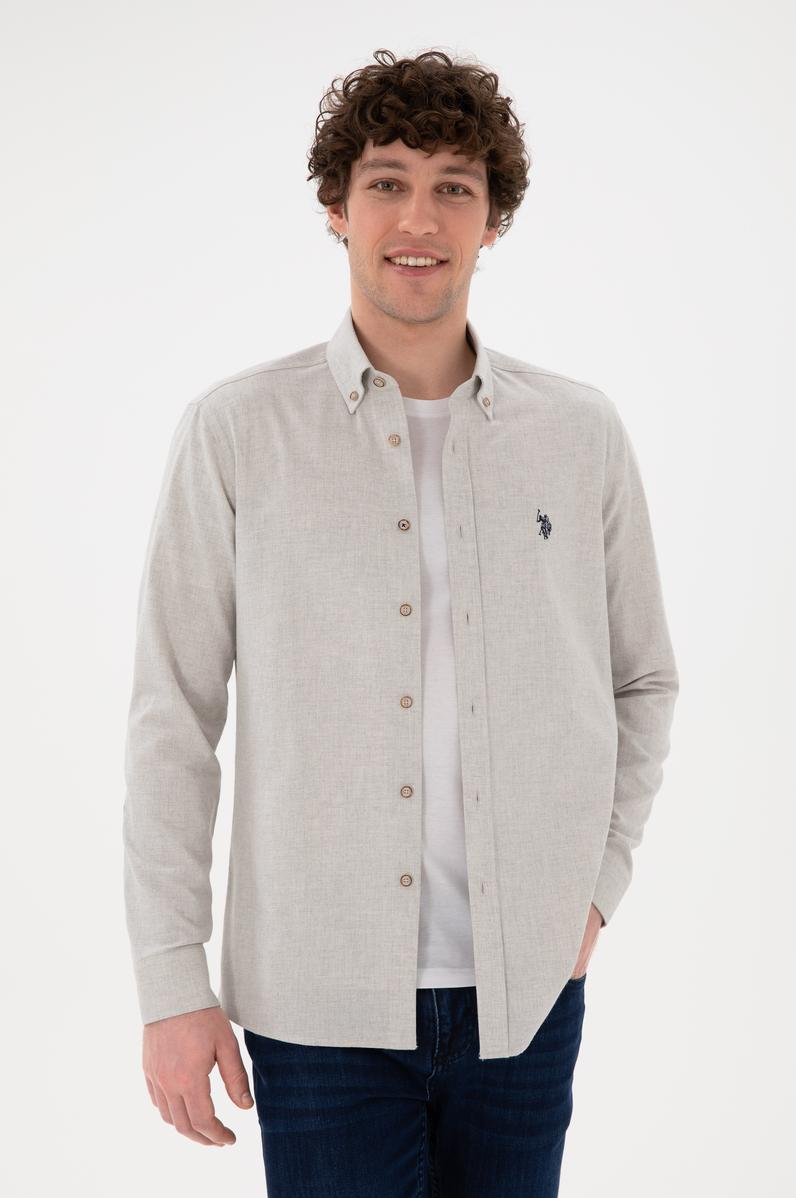 Erkek Bej Uzun Kollu Basic Gömlek