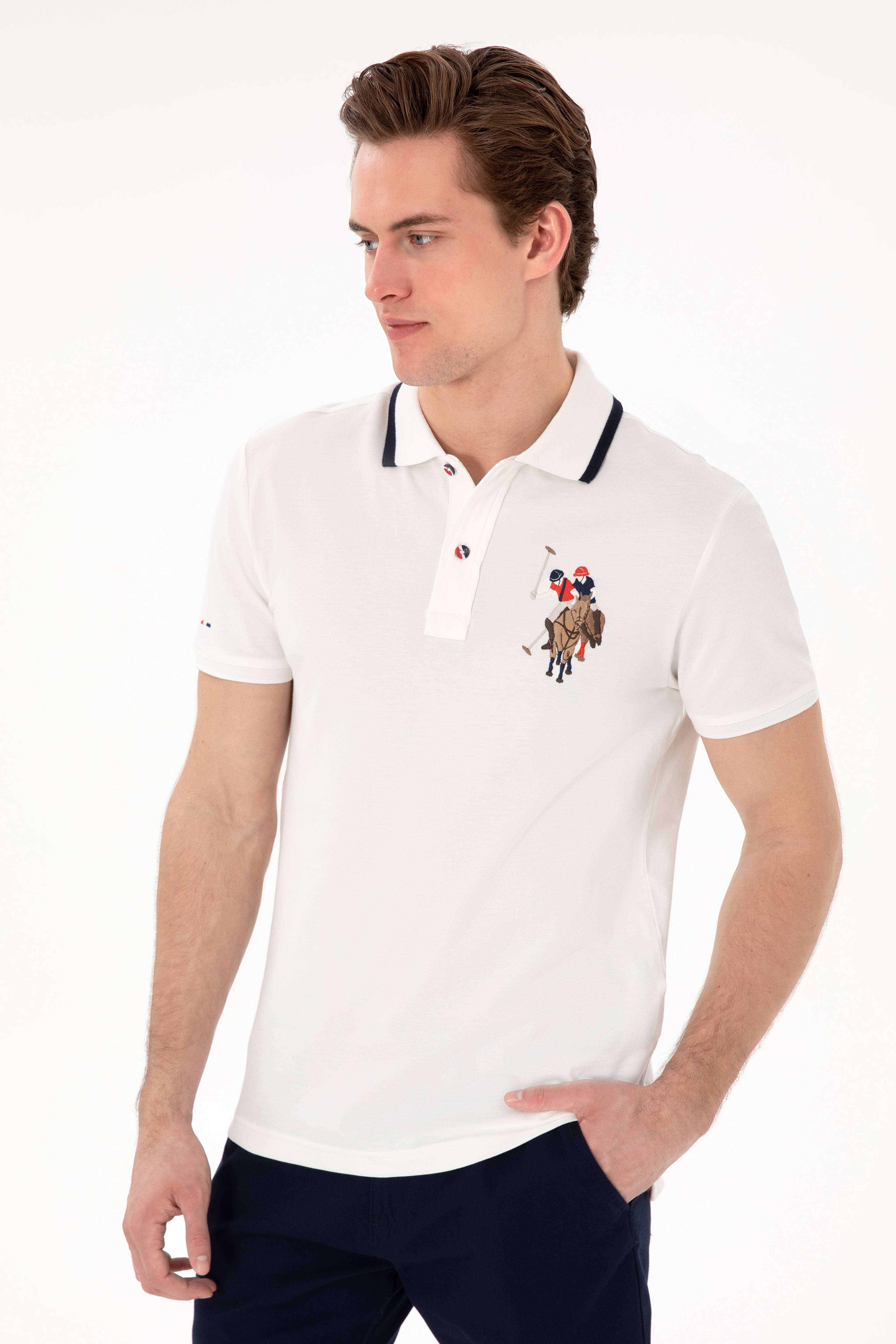 Erkek Slim Fit Polo Yaka Beyaz Basic Tişört - Image 1