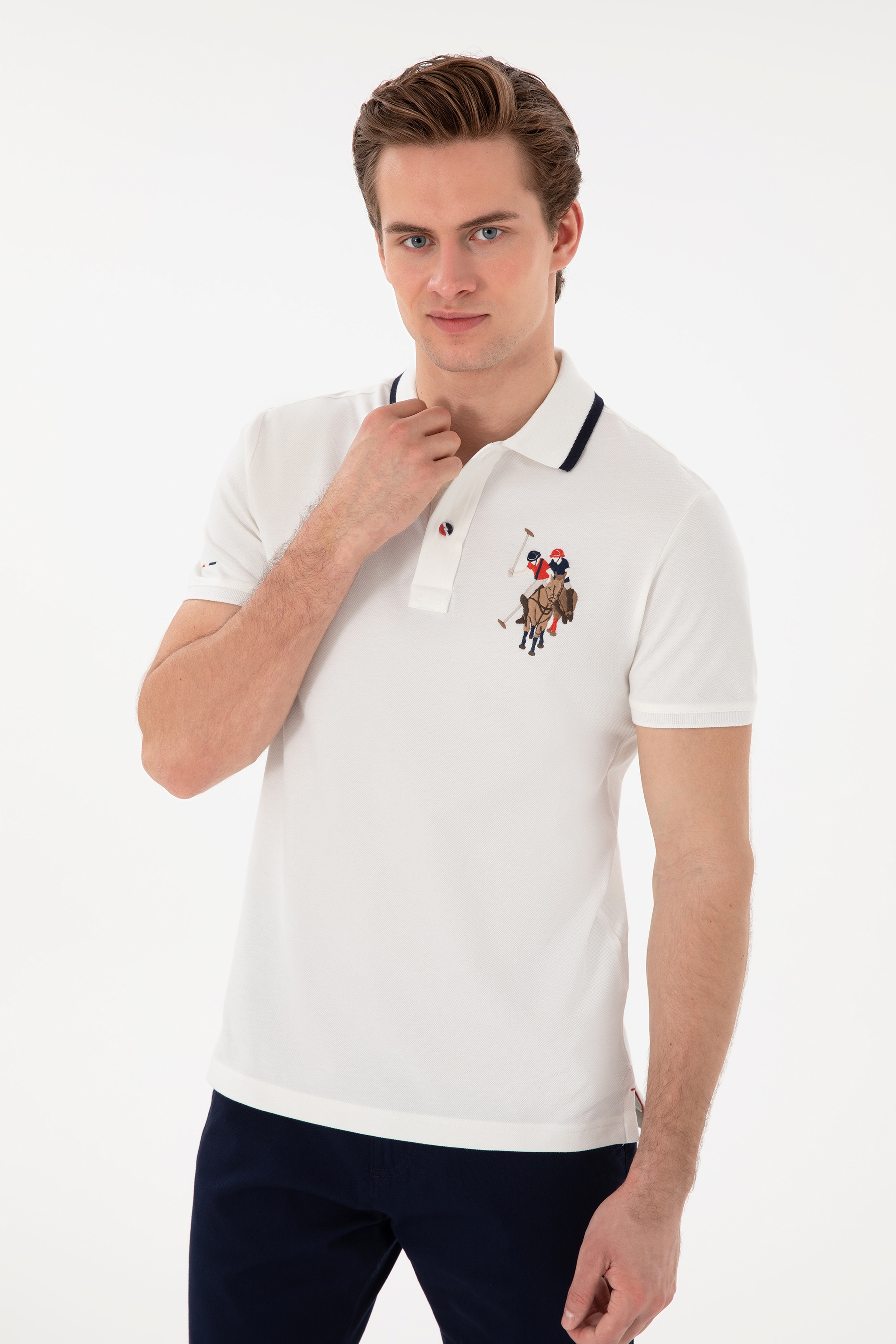 Erkek Slim Fit Polo Yaka Beyaz Basic Tişört