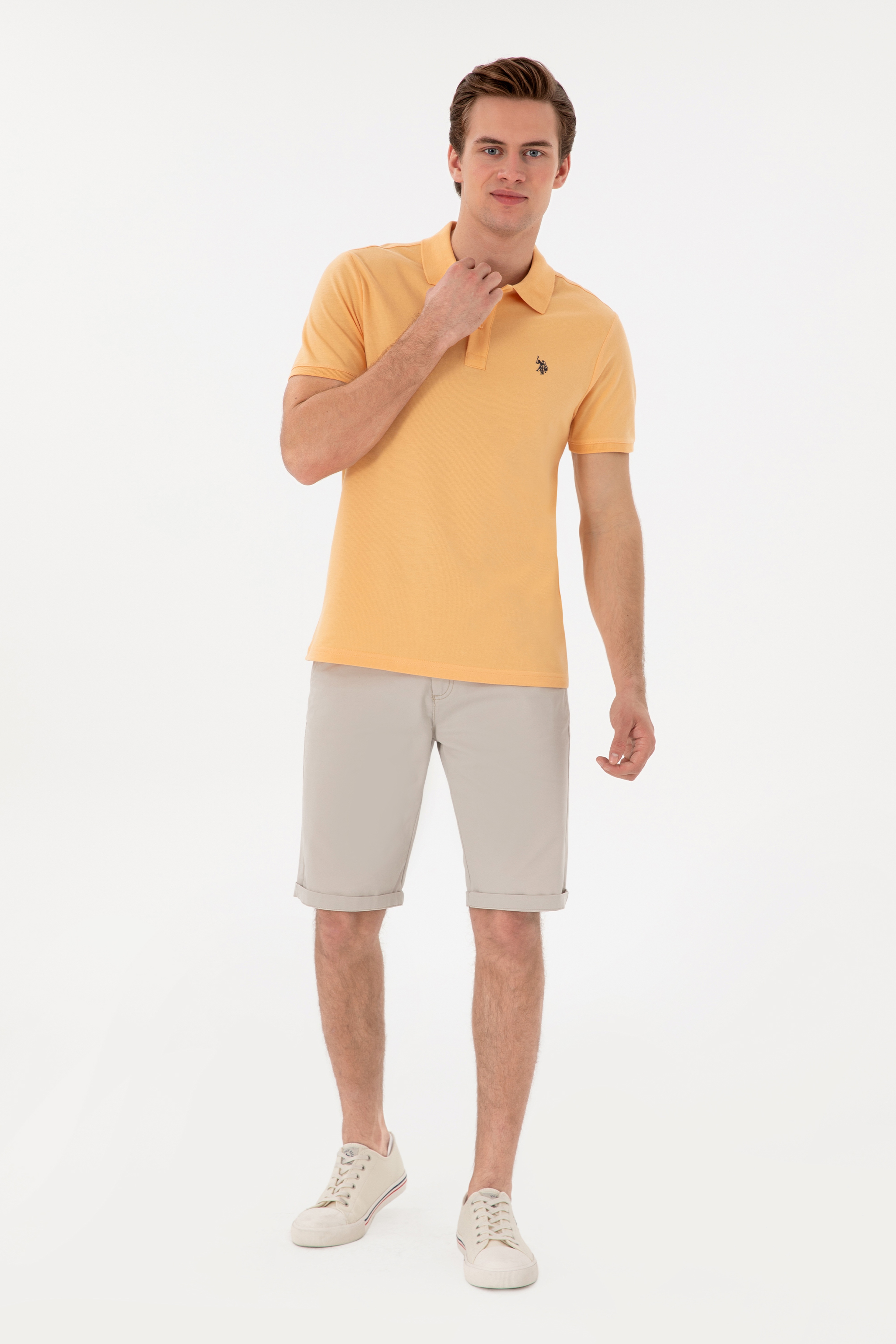 Erkek Slim Fit Polo Yaka Turuncu Basic Tişört - Image 4