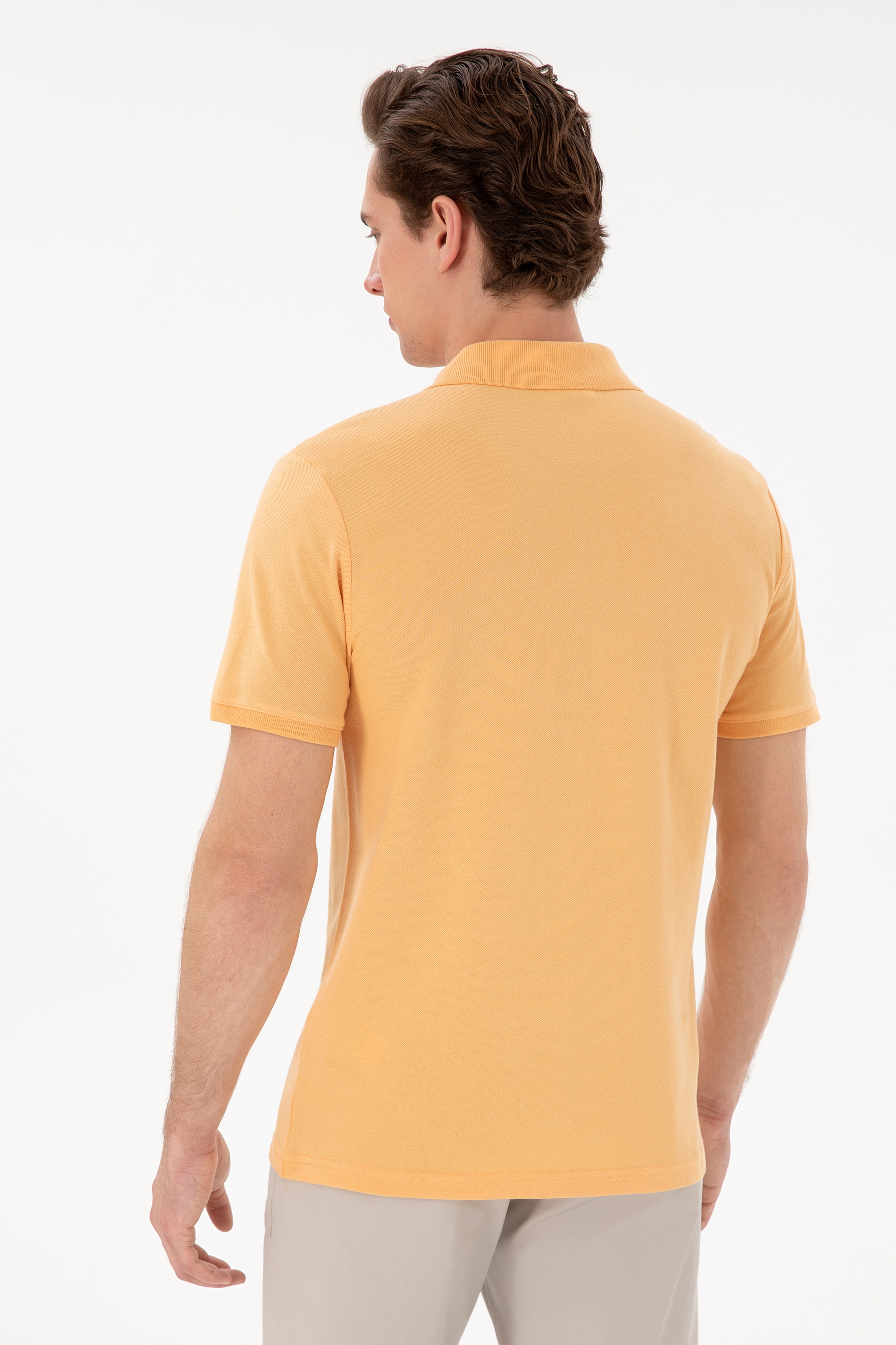 Erkek Slim Fit Polo Yaka Turuncu Basic Tişört - Image 5