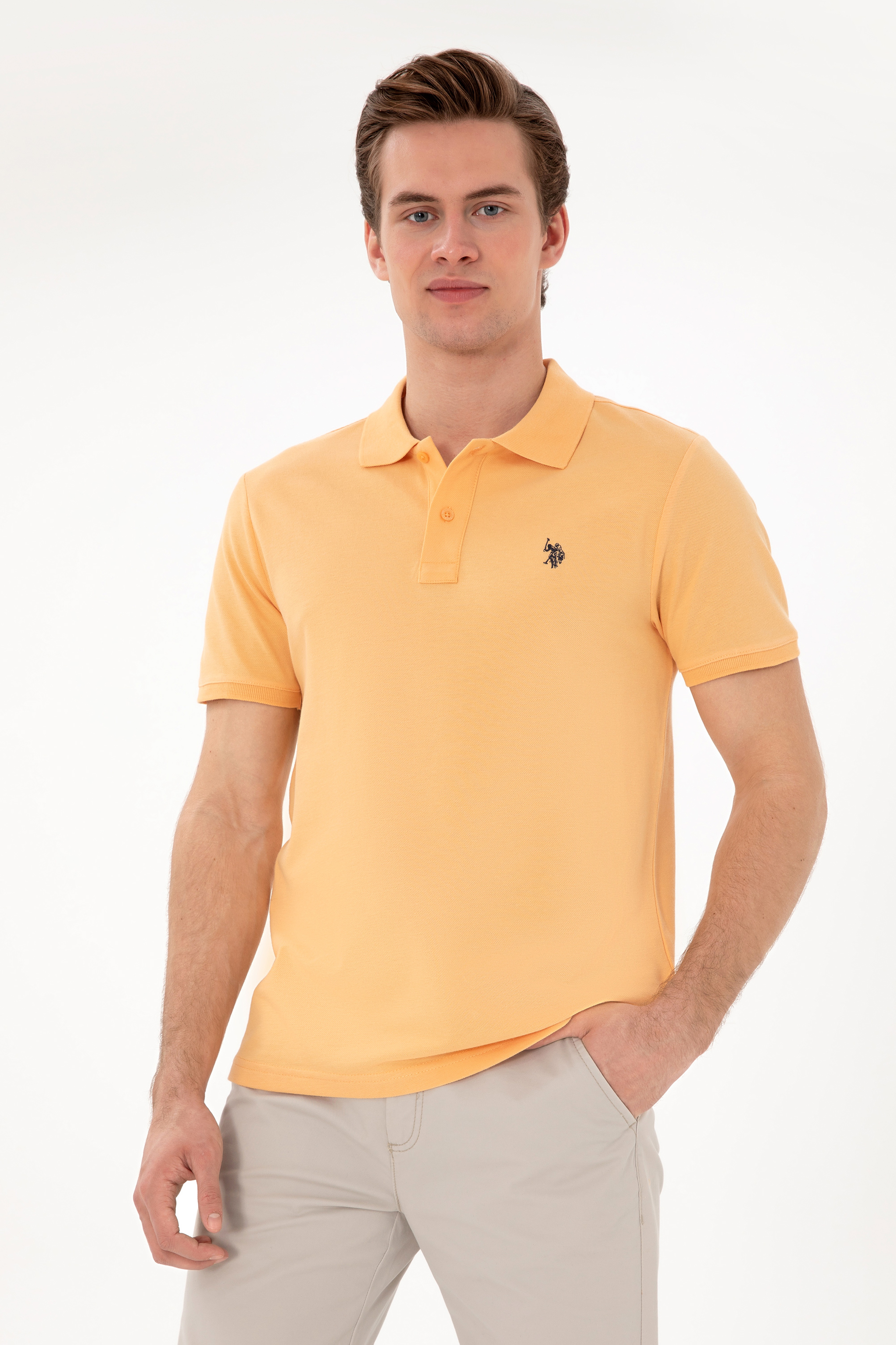 Erkek Slim Fit Polo Yaka Turuncu Basic Tişört - Image 1
