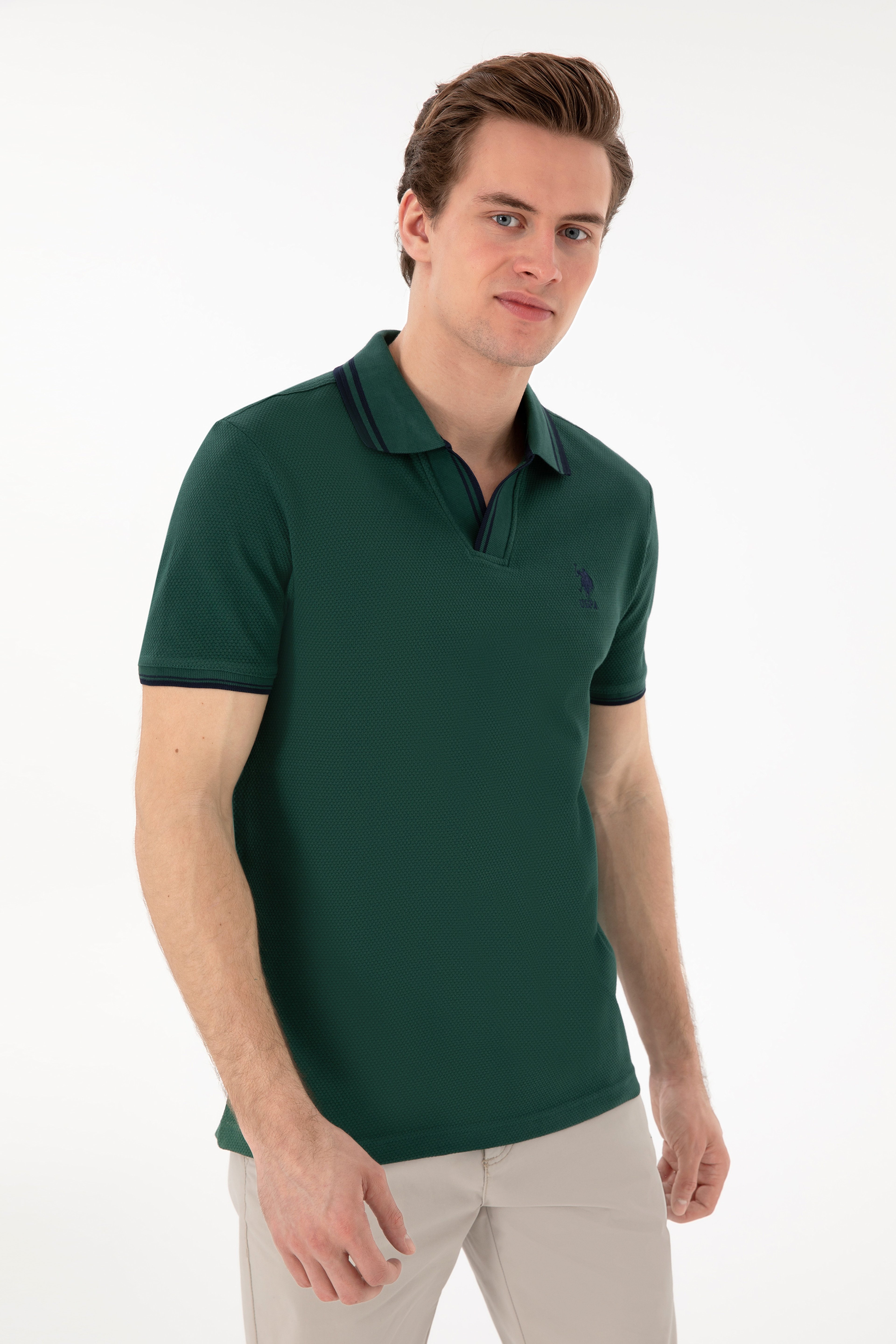 Erkek Slim Fit Polo Yaka Koyu Yeşil Tişört