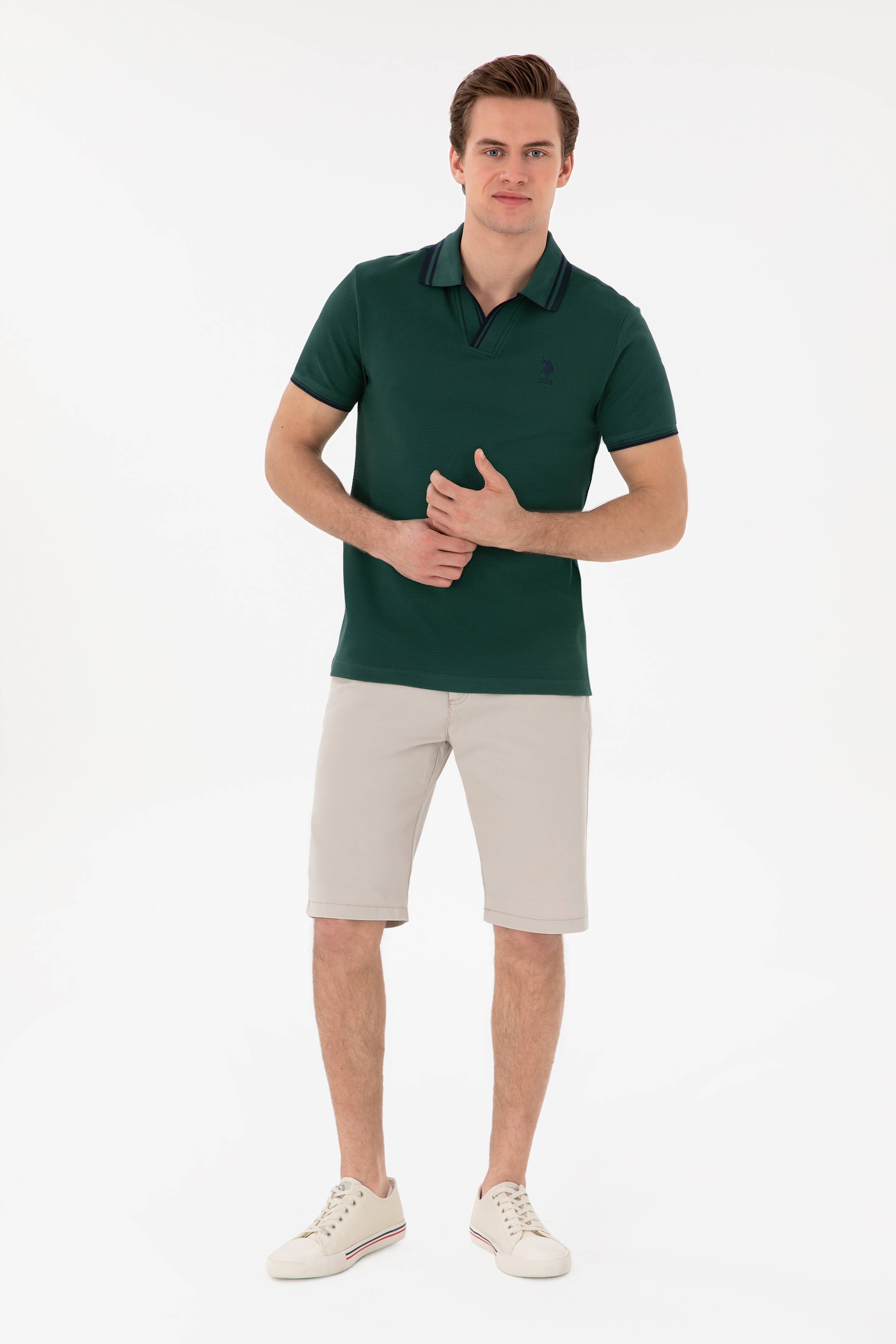 Erkek Slim Fit Polo Yaka Koyu Yeşil Tişört