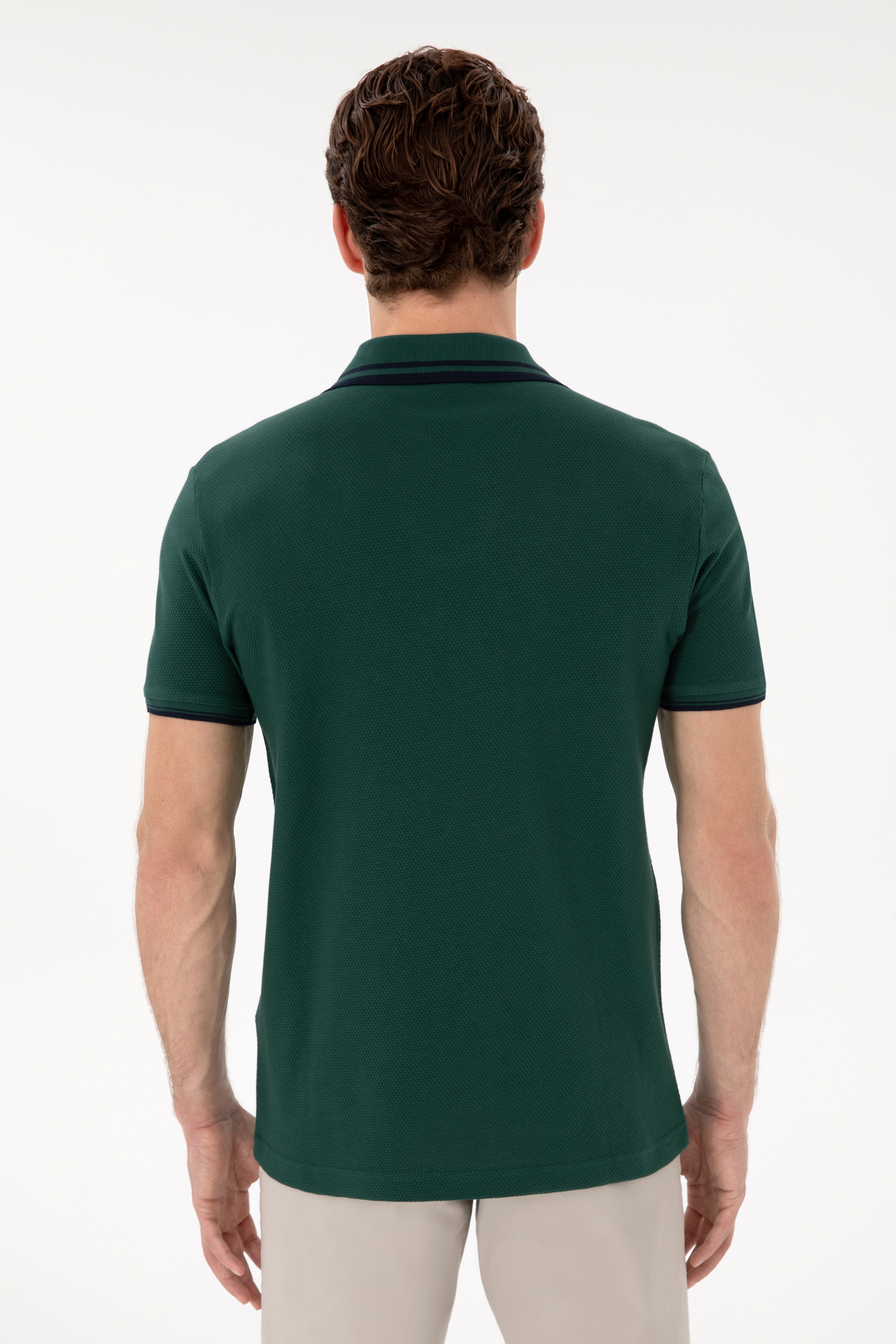 Erkek Slim Fit Polo Yaka Koyu Yeşil Tişört - Image 5