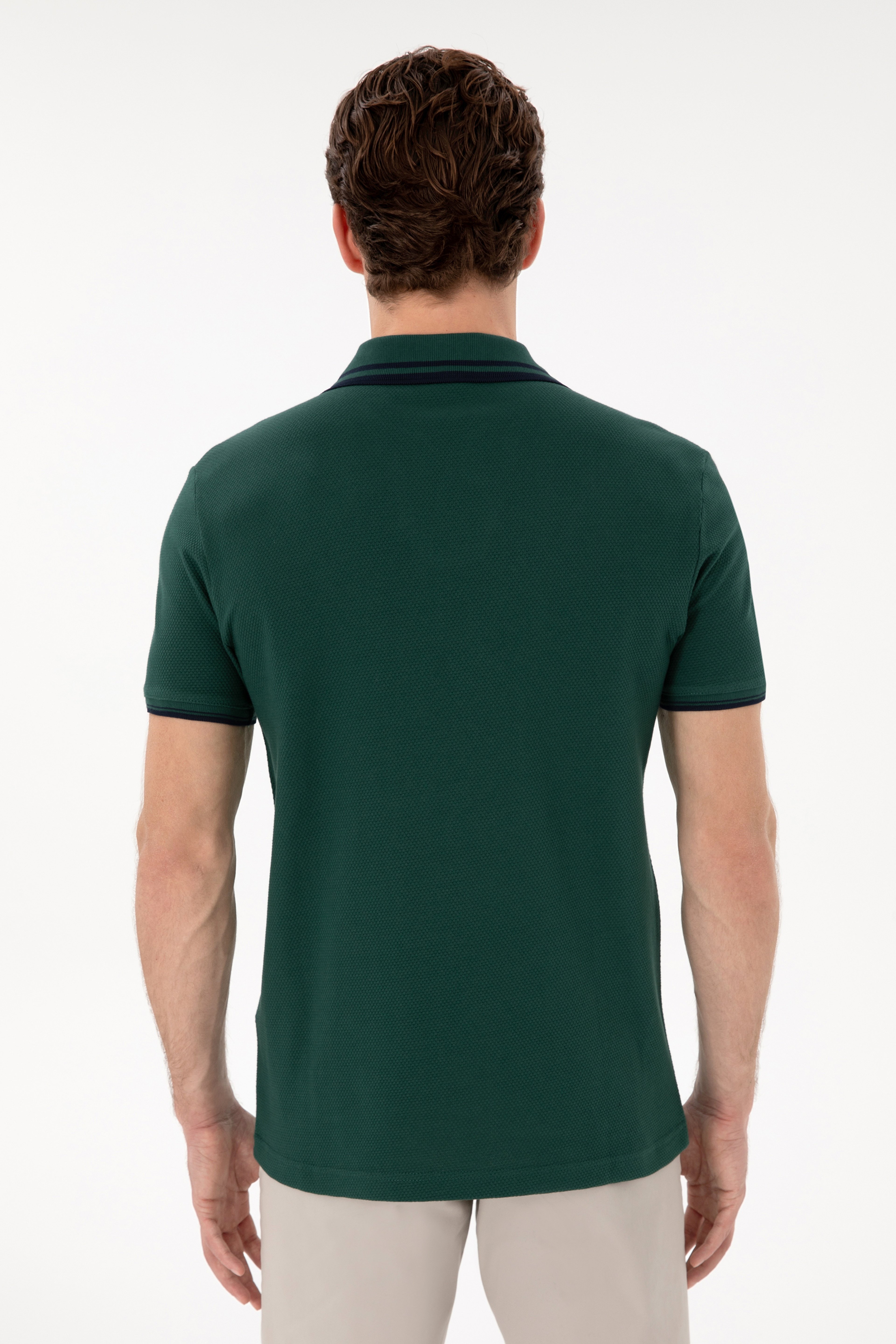 Erkek Slim Fit Polo Yaka Koyu Yeşil Tişört