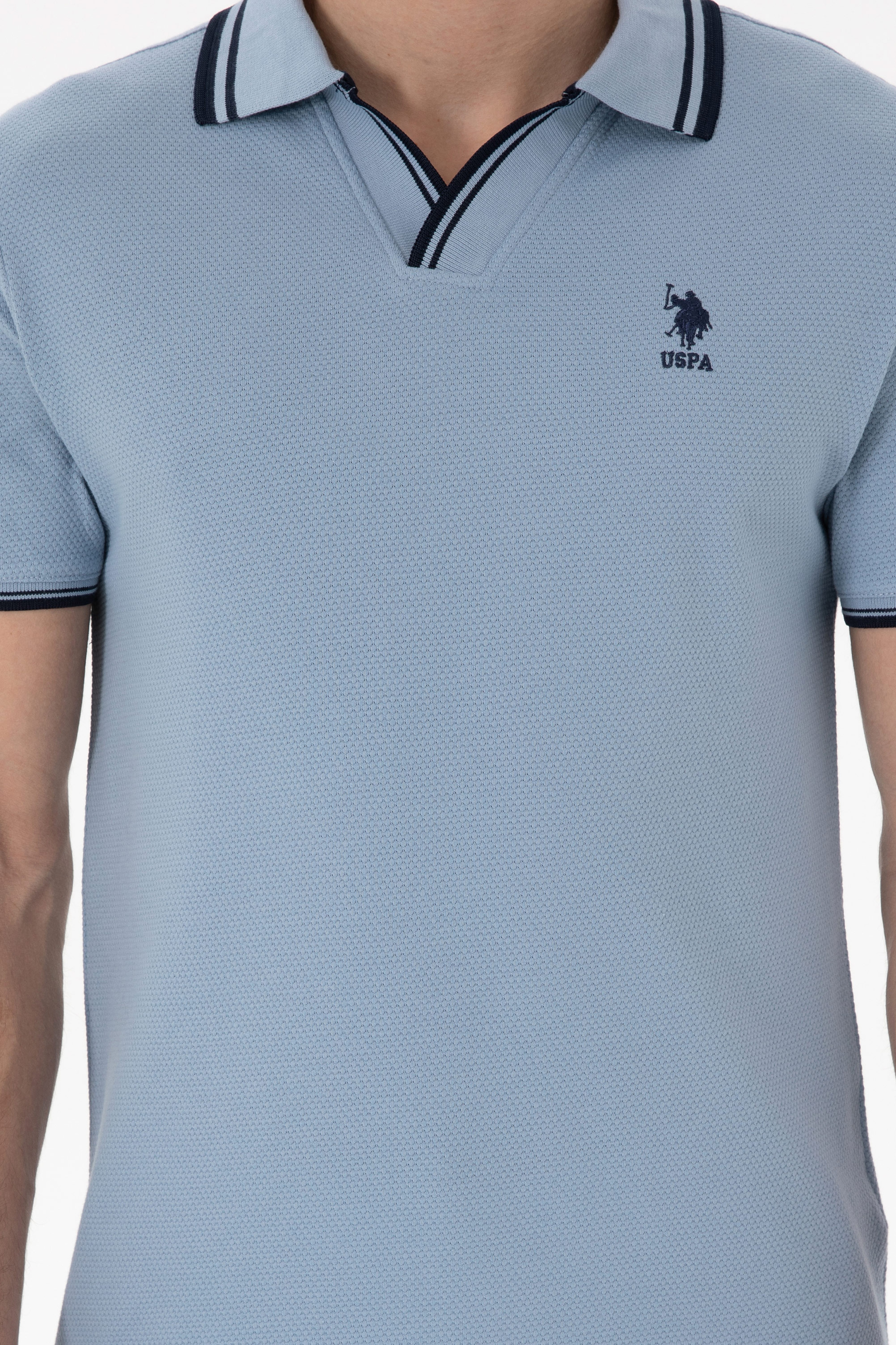 Erkek Slim Fit Polo Yaka Mavi Tişört - Image 6